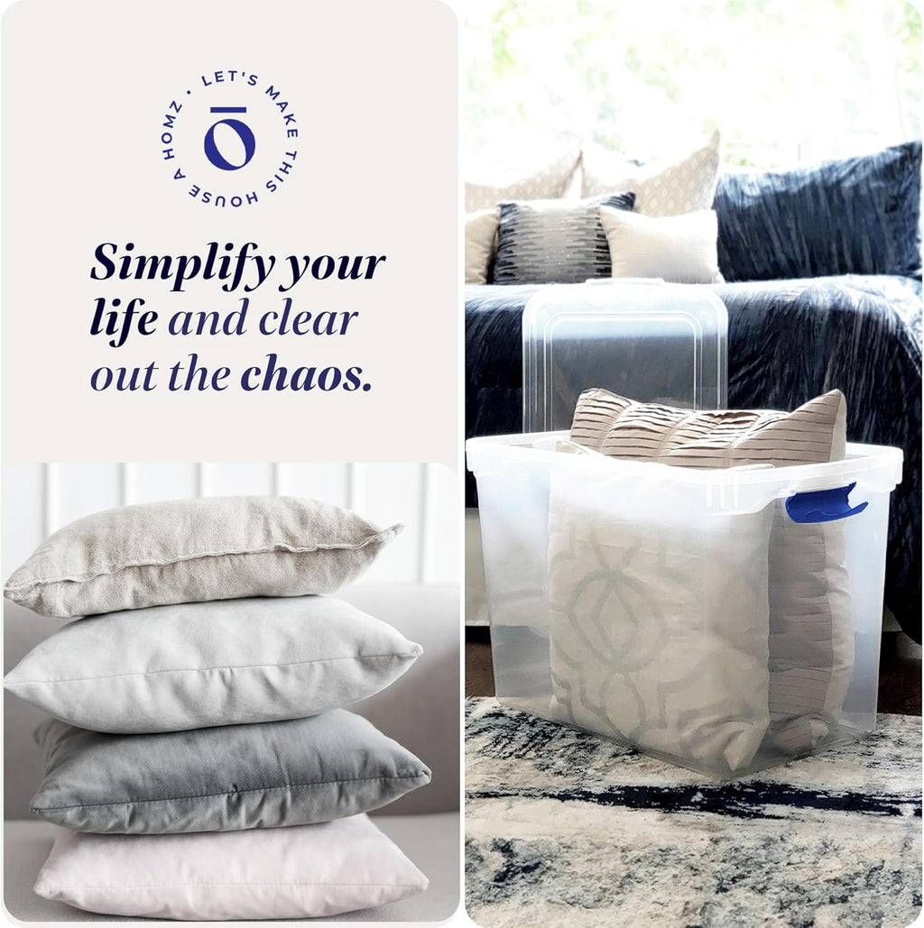 HOMZ 2-Pack Latching Lid, Clear Plastic Storage Organizer Bins, 112 Quart, Blue Latch - Stackable Organizing Containers for Home, Garage, and Office