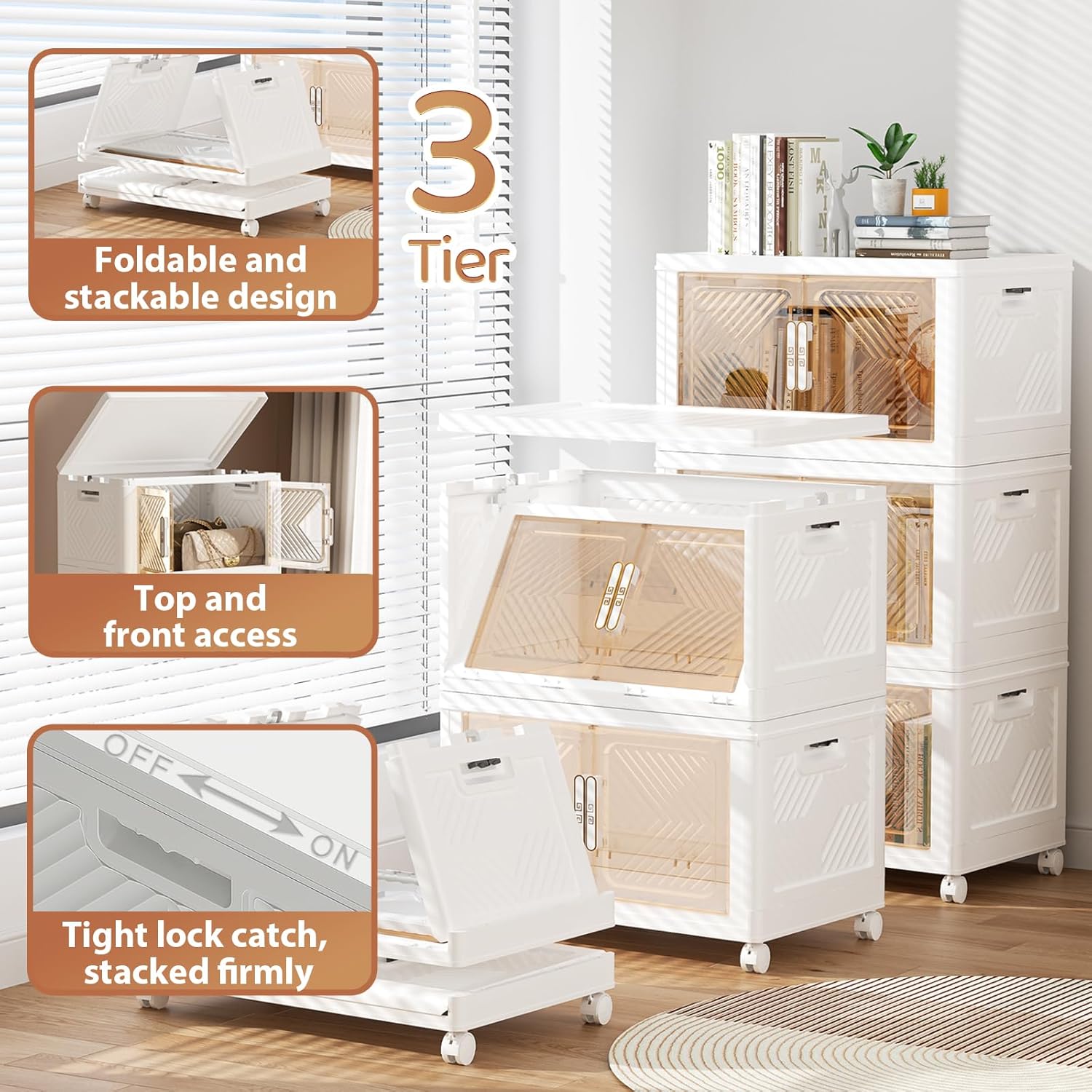 Storage Bins with Lid 76QT, Stackable Storage Containers with Wheels and Magnetic Doors, Plastic Clothes Closet Organizers and Storage Box for Pantry, Home and Office (3 Pack)