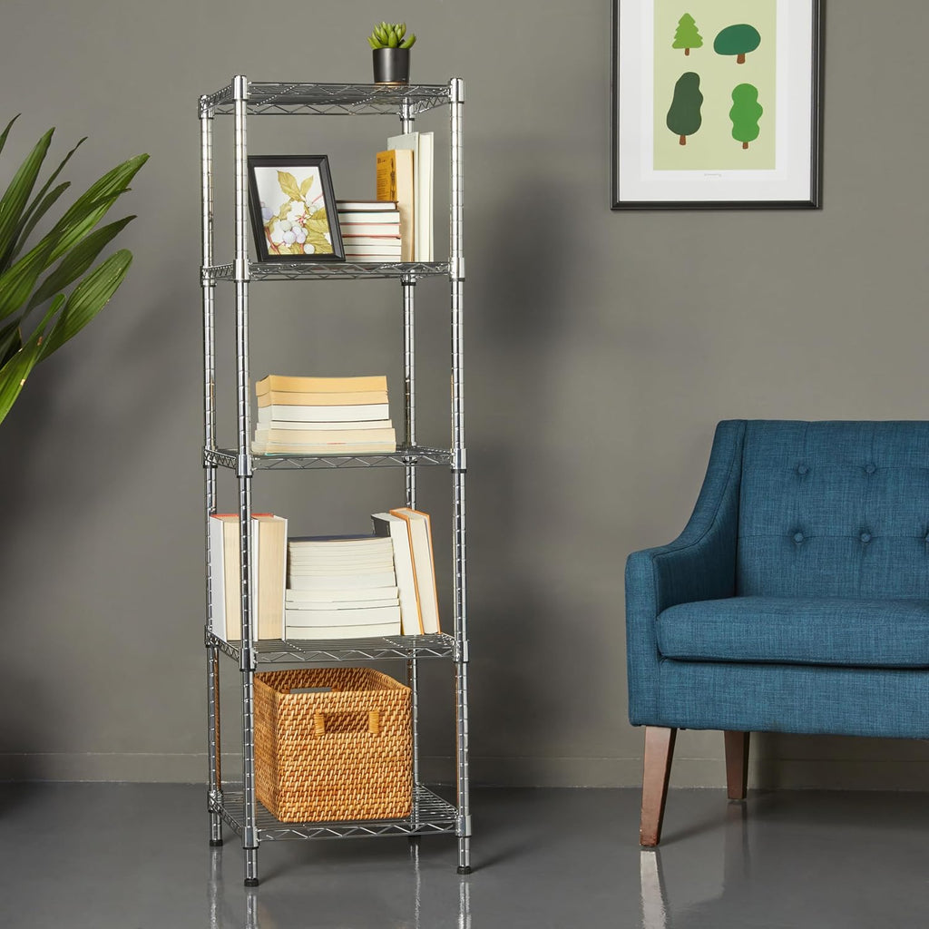 Amazon Basics 5-Shelf Tower Adjustable Storage Shelving Unit, Chrome, 16 D x 16 W x 54 H in