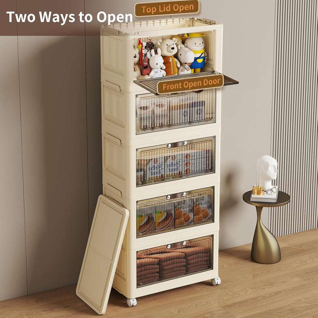 5 Tier - 48QT Storage Bins with Lids, Collapsible Storage Bins with Doors and Wheels, Plastic Storage Cabinet for Easy Storage and Organization for Living Room, Office