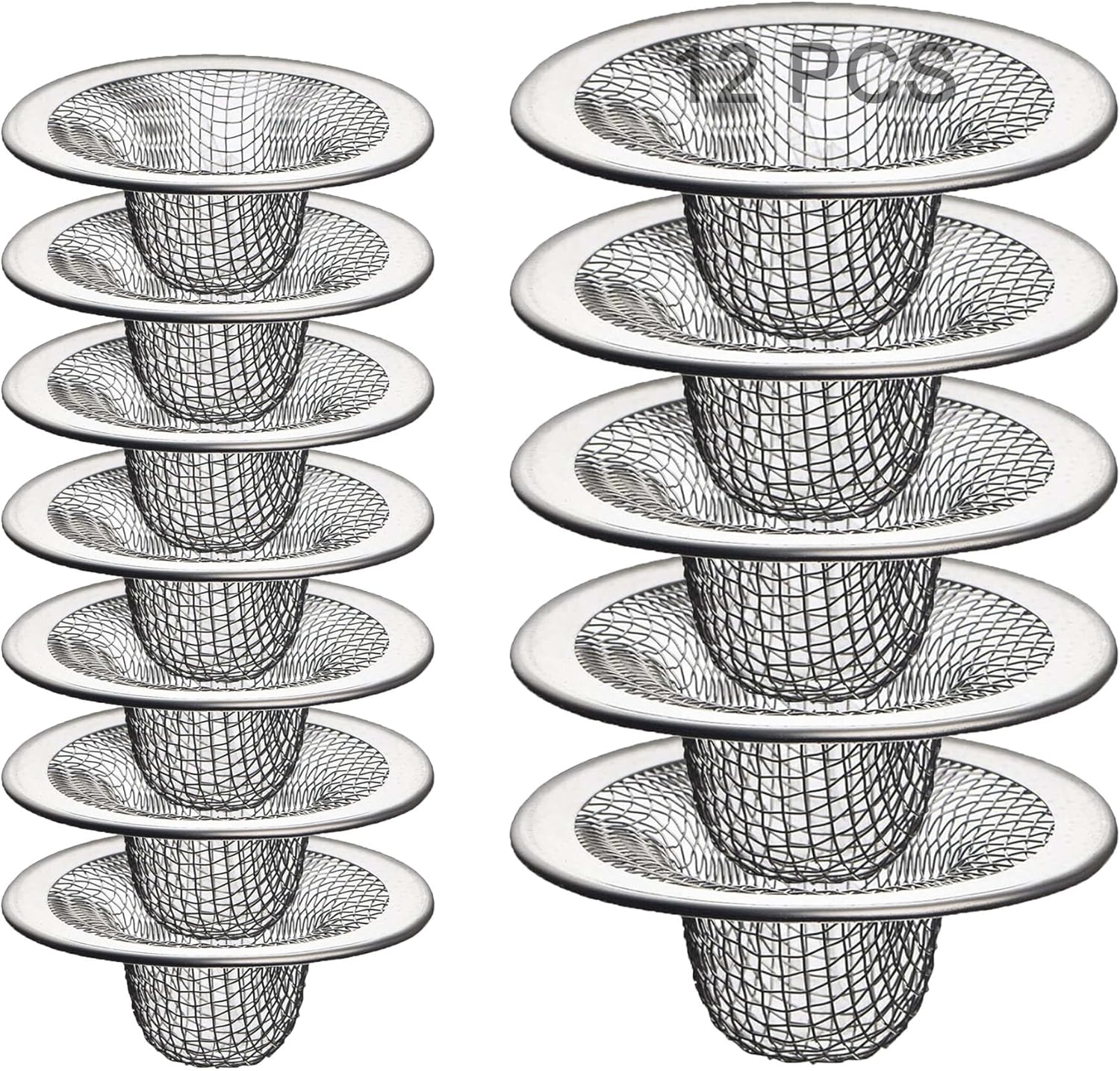 12PCS Stainless Steel Slop Basket Filter Trap, 2.75" & 4.41" Mesh Sink Drain Strainer Screen Bathroom Kitchen, Drain Mesh Basket Cover Hair Catcher for Lavatory RV Shower Floor Utility Drain