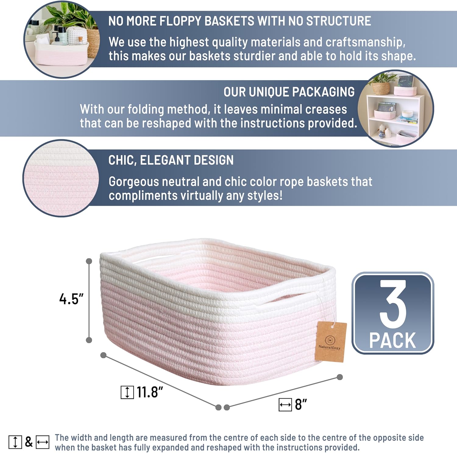 NaturalCozy 11.8"x8"x4.5” Rectangle Storage Baskets for Shelves 3 Pack | Cotton Rope Woven Small Baskets for Organizing | Small Storage Bins for Nursery, Bathroom, Closet, Shelf, Decorative, Gift