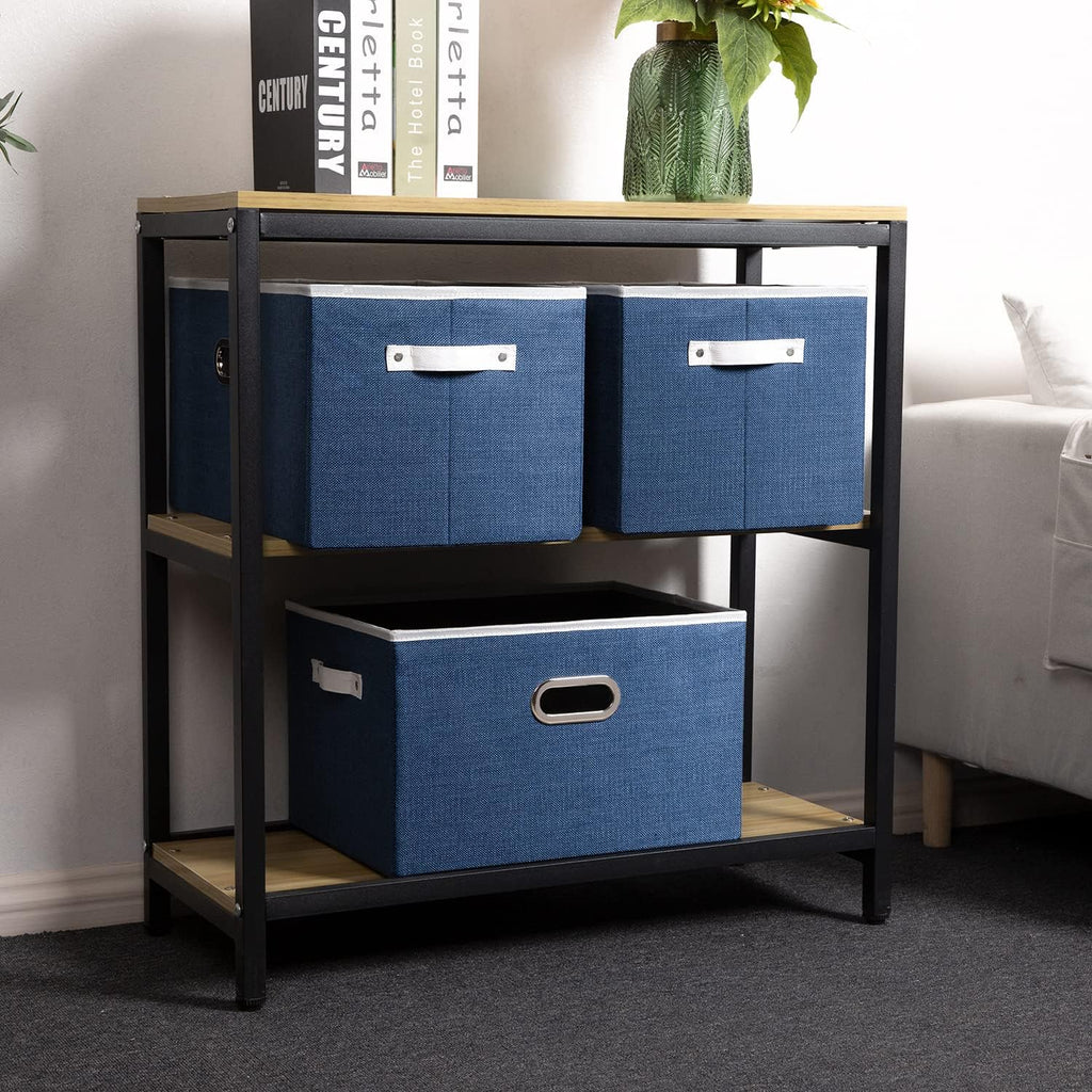 PRANDOM Larger Collapsible Storage Bins for Closet [5-pack] Decorative Linen Fabric Storage Baskets Cubes with Leather/Metal Handles for Living Room Royal Blue (17.3x12.2x10.4 Inch)