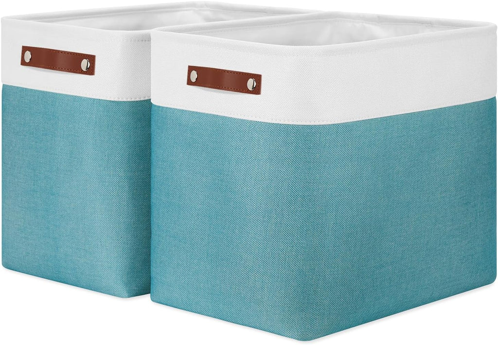 DULLEMELO Extra Large Storage Baskets, Fabric Storage Bins for Organizing Shelves Nursery Toys Books, Closet Baskets and Bins with Handles, White&Teal, 2-Pack