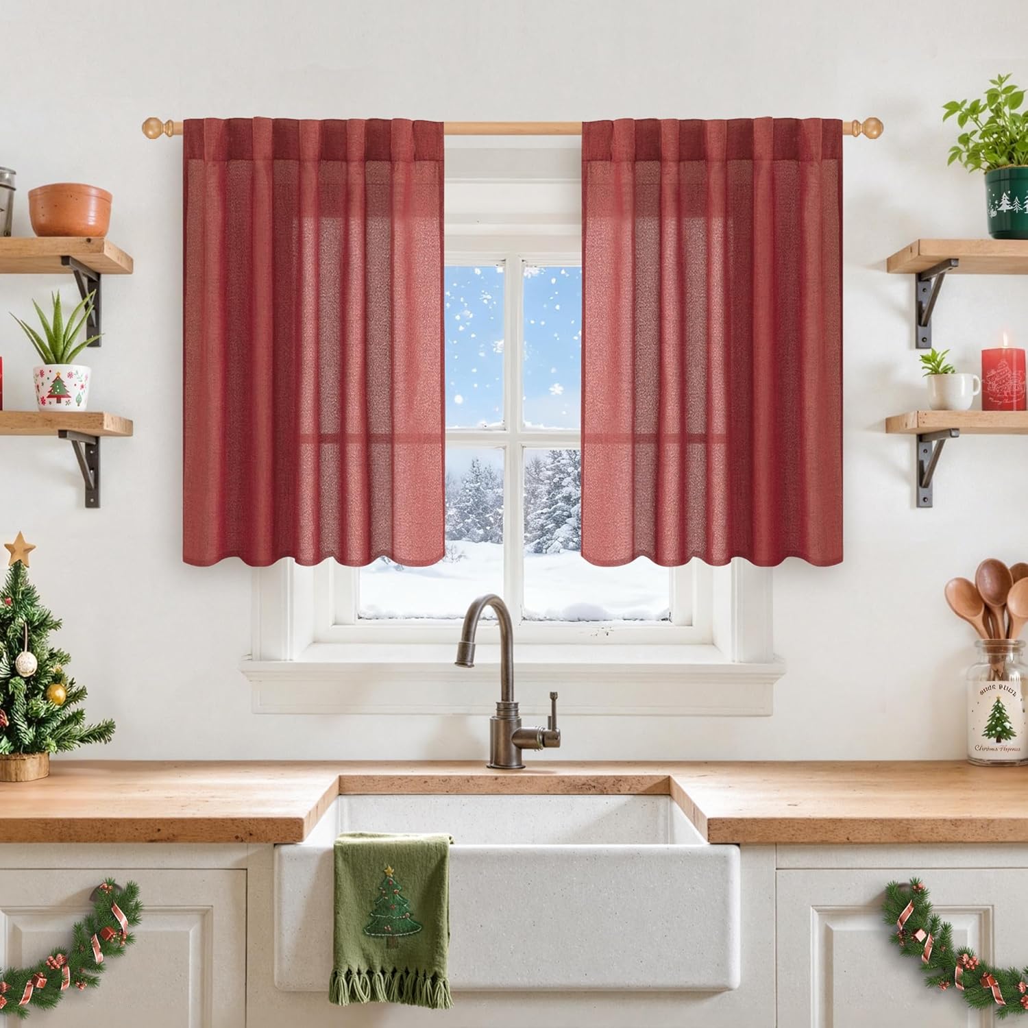 YoungsTex Red Short Linen Curtains 36 Inch Length for Kitchen, Small Window Drapes with Rod Pocket Back Tab Light Filtering Christmas Decor for Bathroom Cafe, 2 Panels, 42 X 36 Inch