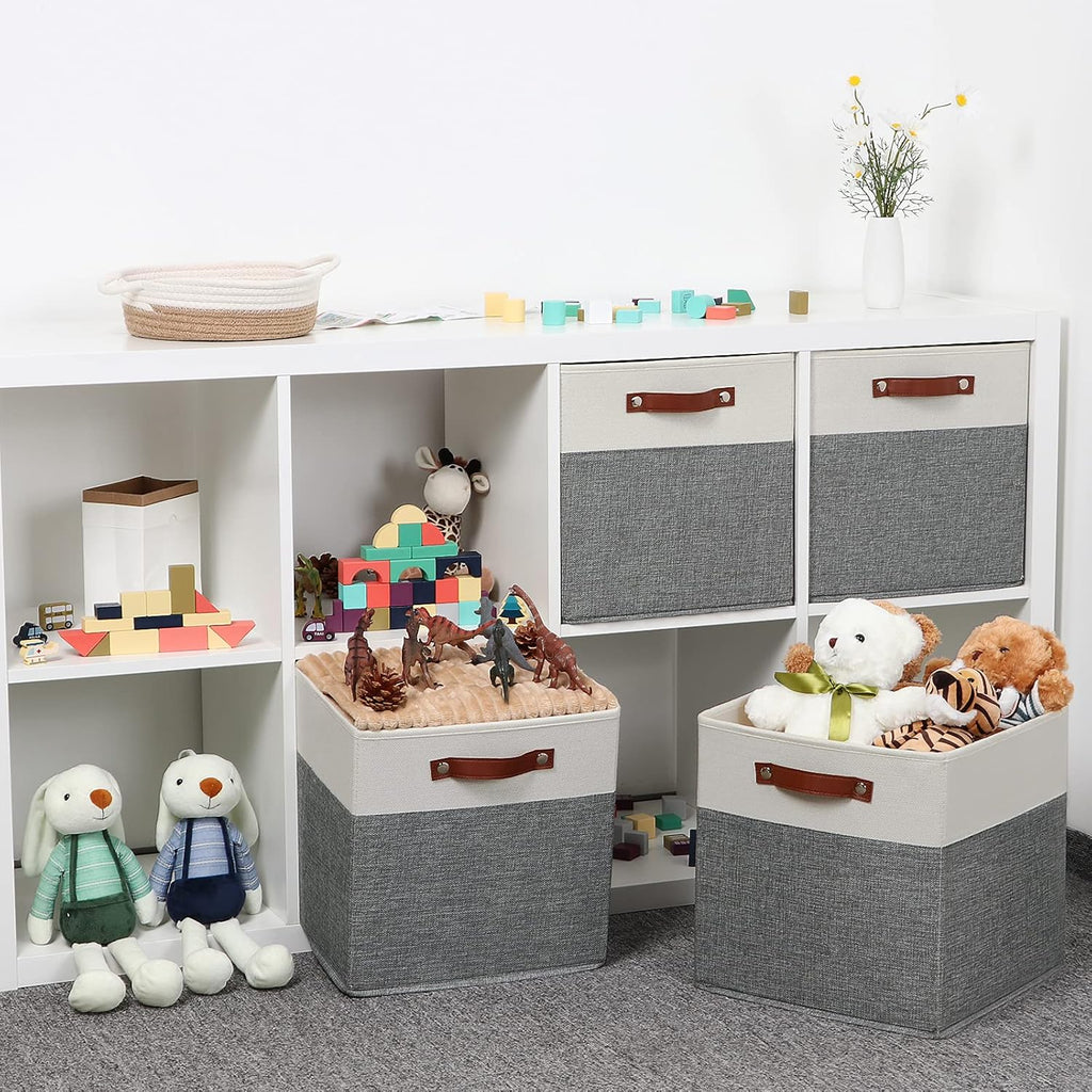 Temary 13x13 Storage Cubes 4 Pack Fabric Cube Storage Bins Large Storage Baskets with Leather Handles, Decorative Storage Boxes for Organizing Closet, Clothes, Foldable Cloth Baskets for Shelves