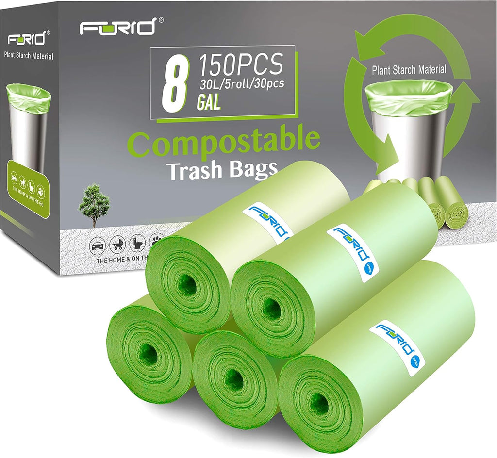 Compostable Trash Bags - FORID 8 Gallon Garbage Bags 150 Count Trash Can Liners 30 Liter Unscented Medium Wastebasket Bags for Kitchen Bathroom Home Office Garbage Can (5Rolls/Green) - Durable & Thick