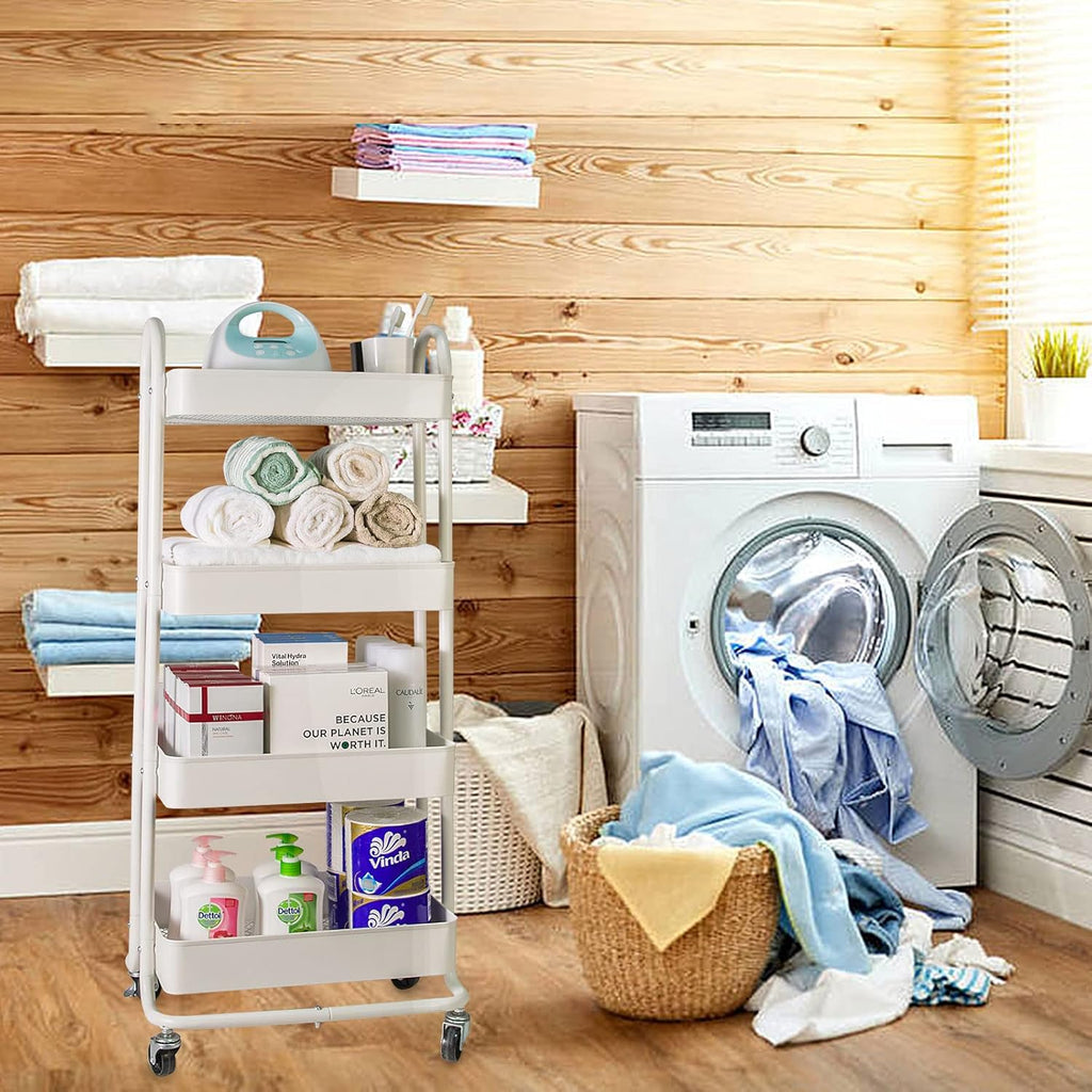 elabo 4-Tier Metal Mesh Utility Rolling Cart, Storage Organizer Trolley Services Cart with Lockable Wheels for Kitchen, Bathroom, Living Room (White)