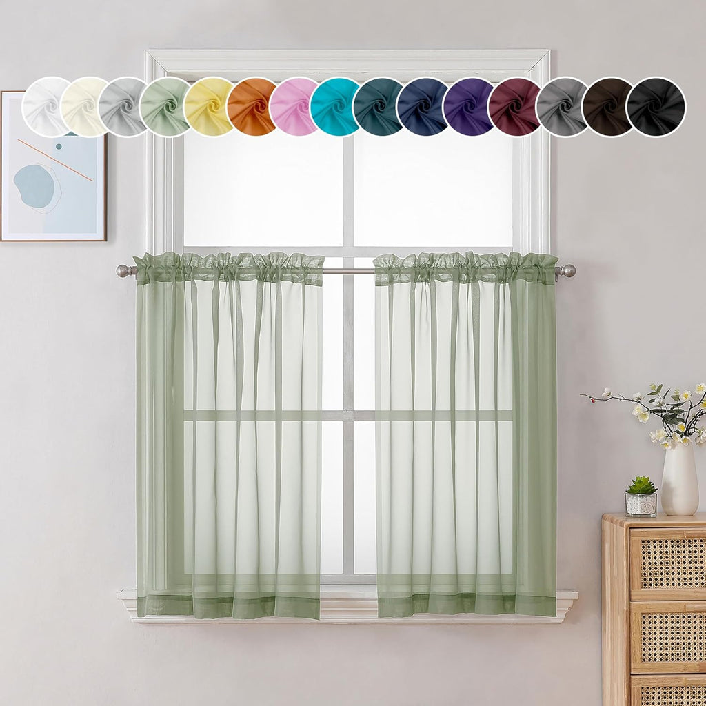 Chyhomenyc Sage Green Sheer Curtains 36 Inch Length, Short Voile Sheer Window Curtians for Small Window Bathroom Cafe Living Room, Set of 2, 42W x 36L inches, Rod Pocket,