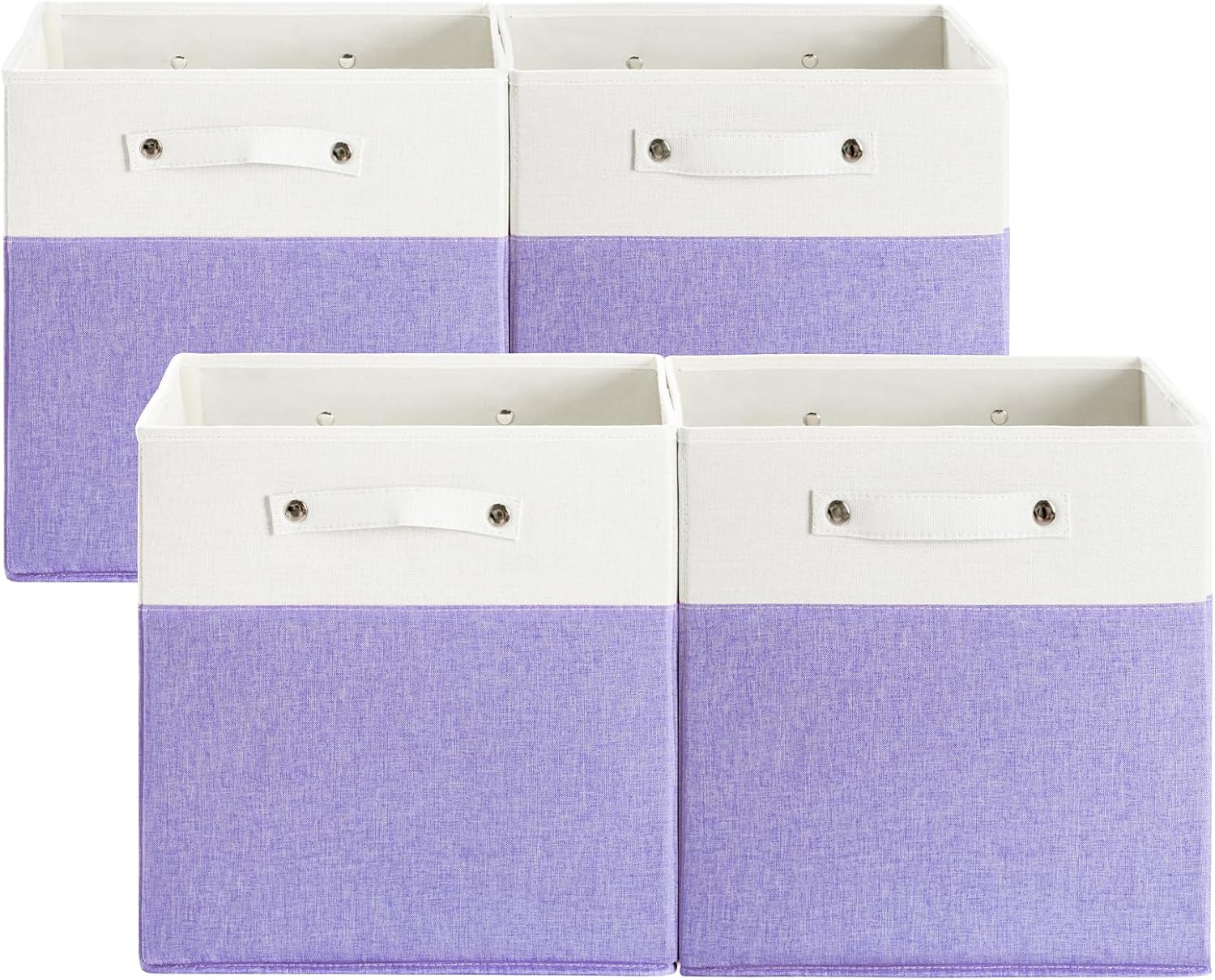 13 x 13 Inch Fine Linen Storage Bins with Handles，Fabric Cube Boxs，Collapsible Basket Organizers for Shelves for Home, Closet Drawers (White/Purple-4 Pack)