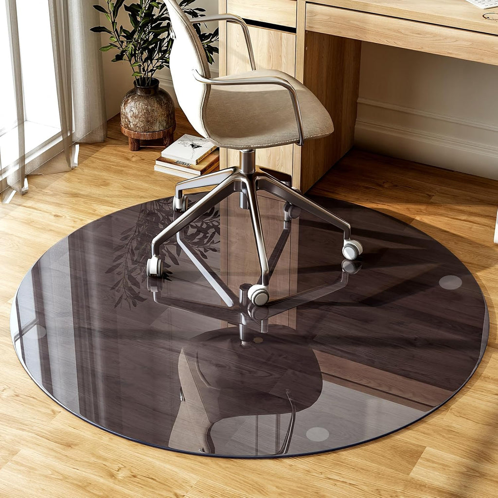 GLSLAND Round Tempered Glass Floor Mat - 55" Office Chair Mat for Carpet Blue & Gray Clear Glass Mat 1/5" Thick for Hardwood Floor/Carpeted Floors