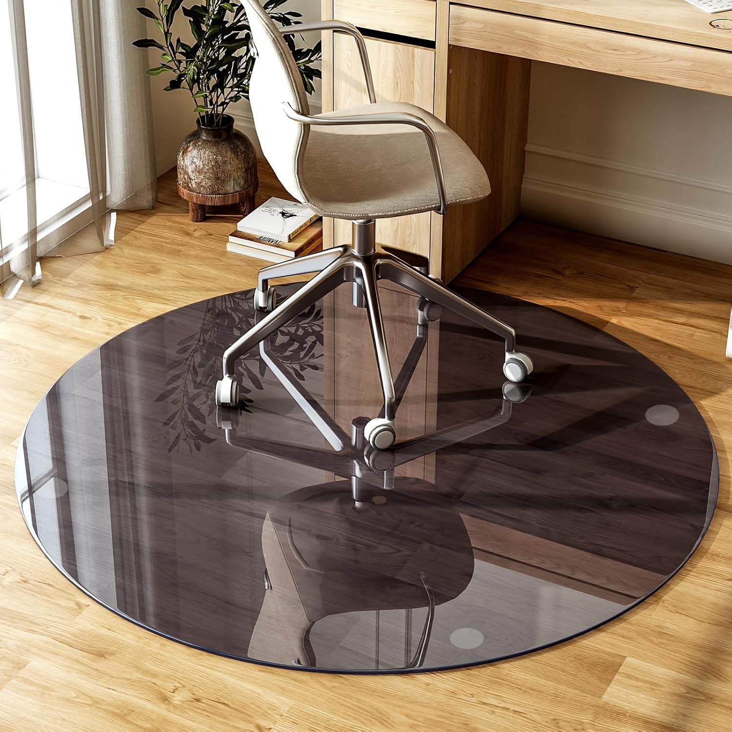 GLSLAND Round Tempered Glass Floor Mat - 55" Office Chair Mat for Carpet Blue & Gray Clear Glass Mat 1/5" Thick for Hardwood Floor/Carpeted Floors