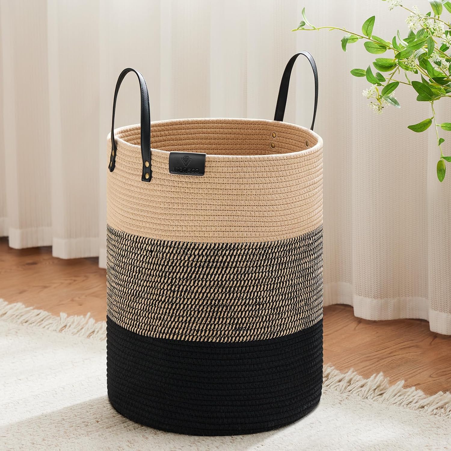 VIPOSCO Tall Laundry Basket, Large Dirty Clothes Hamper with Leather Handle, Woven Rope Storage Basket for Blanket, Toy In Living Room, Bathroom, Bedroom - 53L Brown & Black