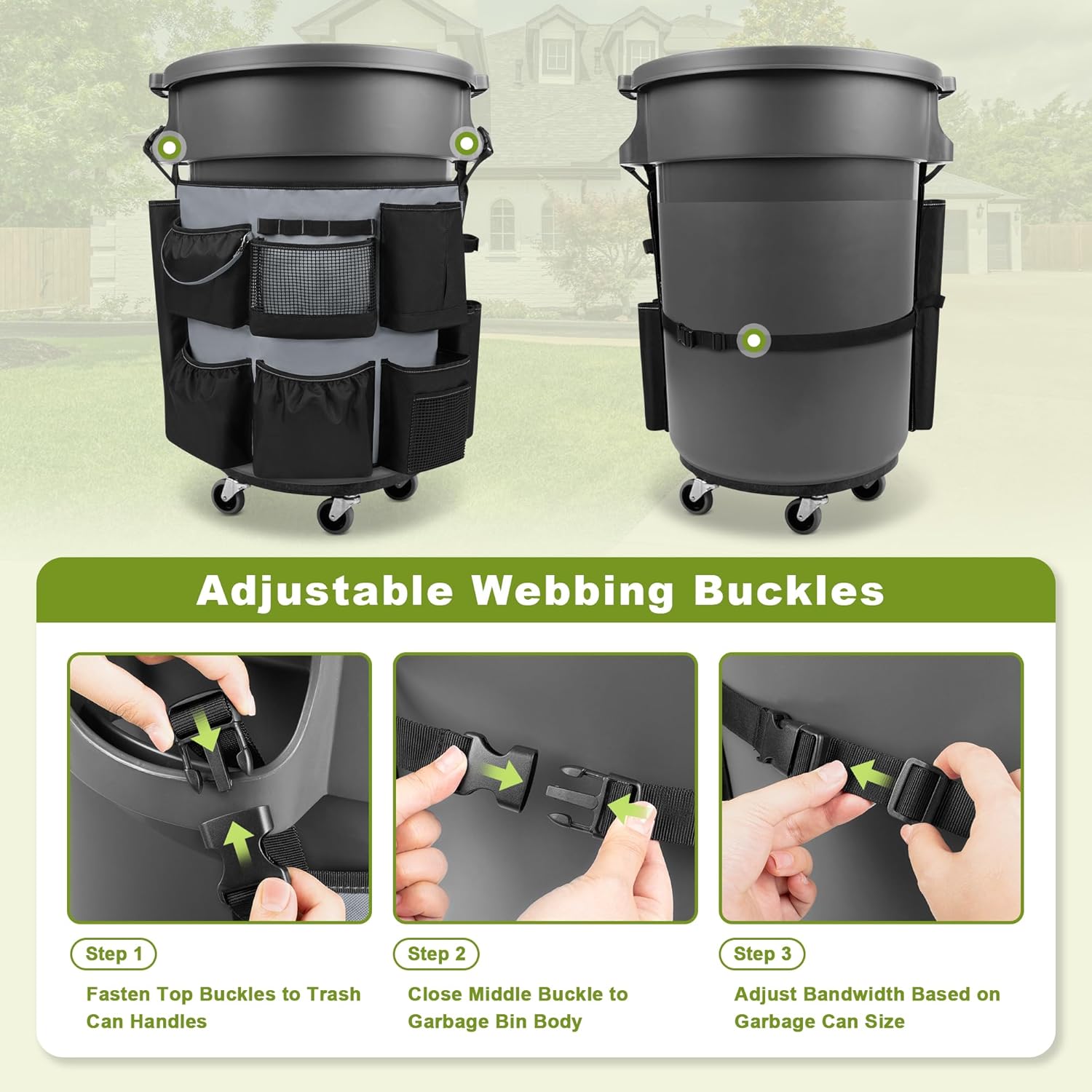 32-55 Gallon Trash Can Caddy Bag, Garbage Bin Apron Caddy with Multiple Pockets for Cleaning Supplies, Cleaning Tool Organizer with Adjustable Buckle for Janitorial Trash Can, Black+Gray