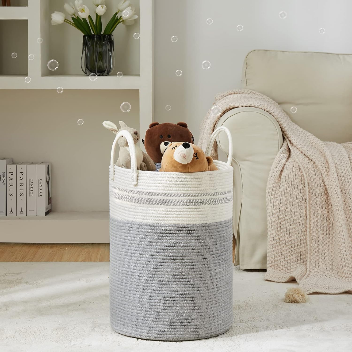 YOUDENOVA Woven Rope Laundry Hamper Basket, 58L Tall Luandry Basket, Baby Nursery Hamper for Blanket Storage, Clothes Hamper for Laundry in Bedroom-Grey