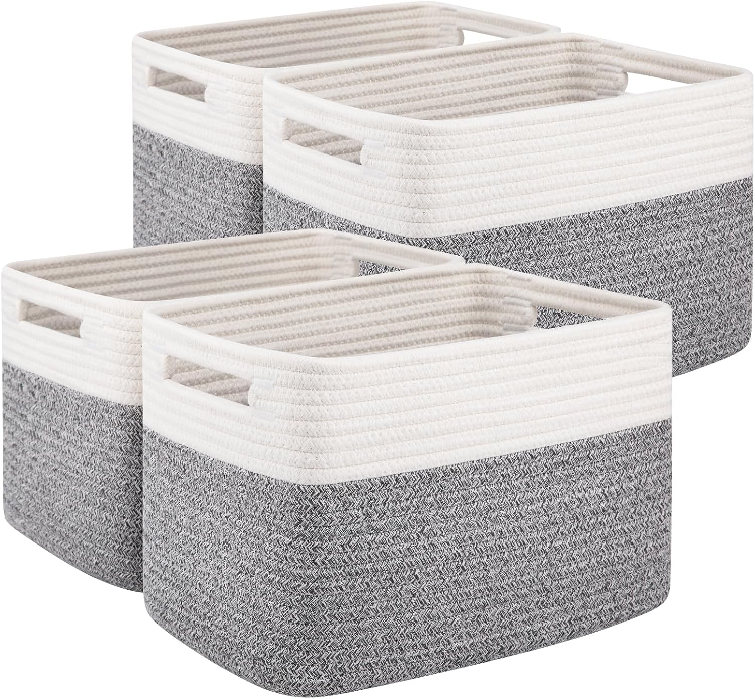 OIAHOMY 4 Pack Storage Baskets for Organizing, Basket for Shelves with Handle, Woven Baskets for Storage Toys, Towels, Books, Cotton Rope Basket 13" L x 9 " W x 7.8 " H, Grey & White
