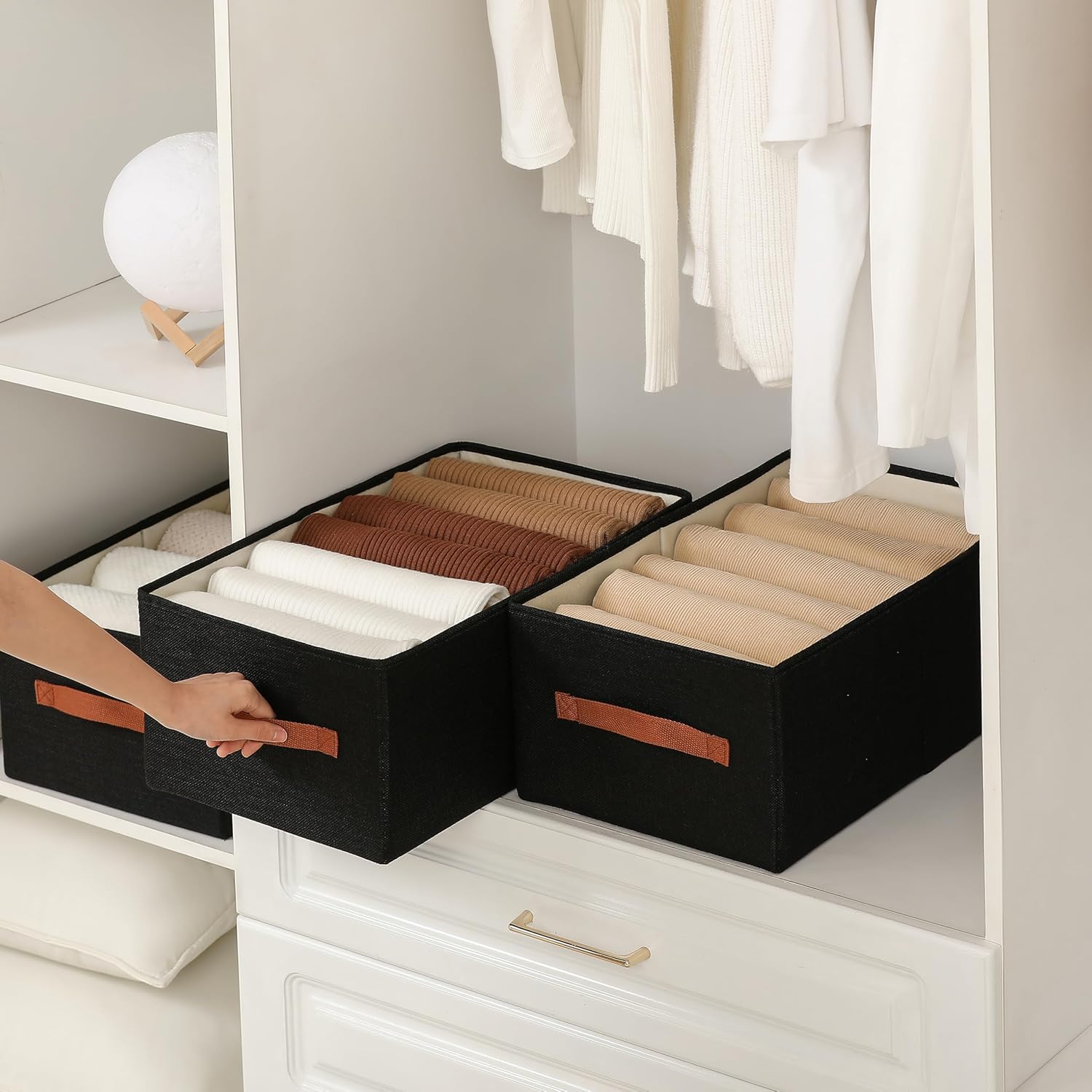 linen closet organizers and storage, 3 Pack Large Storage Baskets, Washable, Clothing Storage Bins with Handle, Closet Organizer for Storage Sweater,Sheets (Black, 18½"x11"x8½")