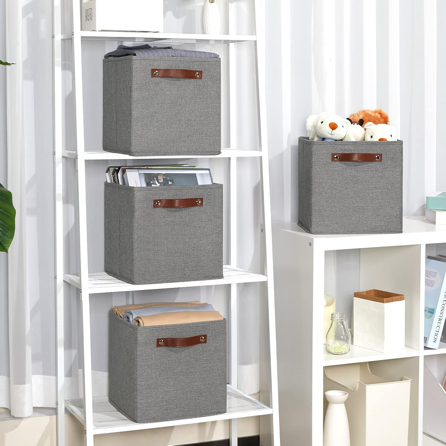 Temary 11 Inch Cube Storage Bins 4PCs Fabric Storage Cubes Storage Baskets Organizer with Handles, Foldable Baskets for Organizing Clothes, Toys, Towels (Grey, 11x11x11)