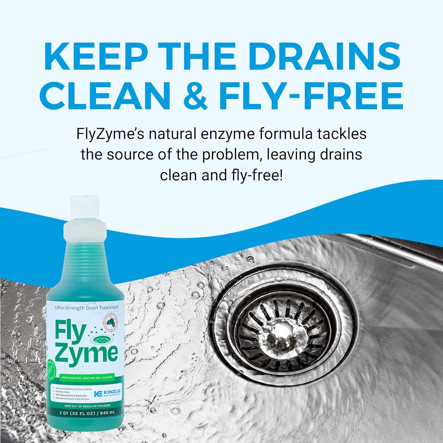Kinzua Environmental Fly-Zyme, Highly Concentrated Enzyme Drain Cleaner for Pipes, Drain Gel for Fruit Flies, Organic Waste Degrader & Odor Neutralizer, 32 fl oz, Pack of 2