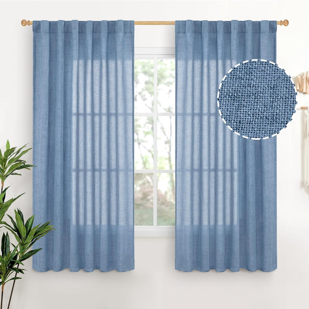 YoungsTex Denim Blue Linen Curtains 63 Inch Length for Bedroom - Light Filtering Semi Sheer Drapes with Back Tab Rod Pocket for Short Window Living Room Office Kitchen, 52 x 63 Inch, 2 Panels