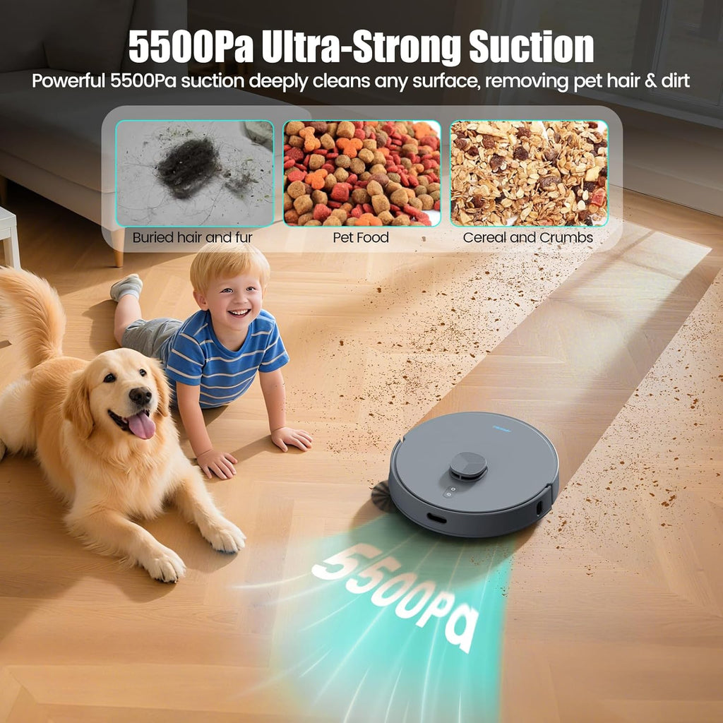 AIRROBO T25+ Robot Vacuum and Mop Combo, 5500Pa Suction, Pet Area Smart Boost, Carpet Detection, Tangle-Free Brush, LDS Mapping, APP Control, 3.5L Self-Empty Bin for Hard Floors, Carpets, Pet Hair