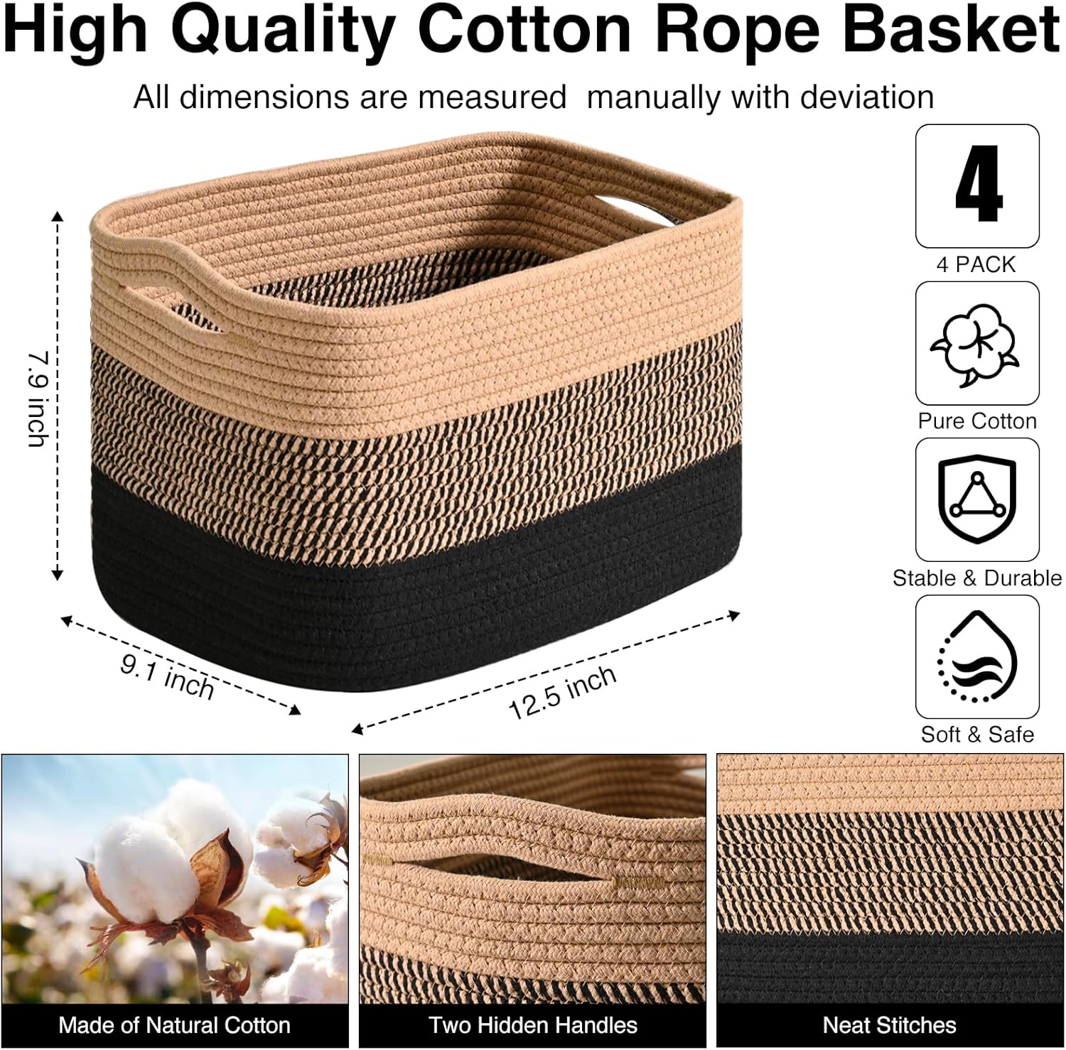 Storage Baskets for Shelves Organizing, Woven Cotton Rope Baskets for Storage, Book Basket, Towel Basket, 12.5"Lx9.1''Wx7.9''H (4 Packs) Gradient Black & Jute