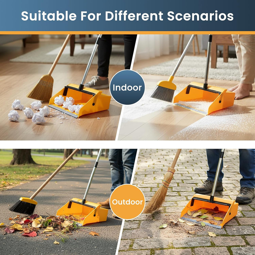 Large Commercial Dustpan with Comb，Long Handle Upright Heavy Duty Dust Pan Outdoor Indoor for Courtyards, Garages, Lobbies, Shopping Malls, Market Floors, Sidewalks, Classroom Floor Cleaning