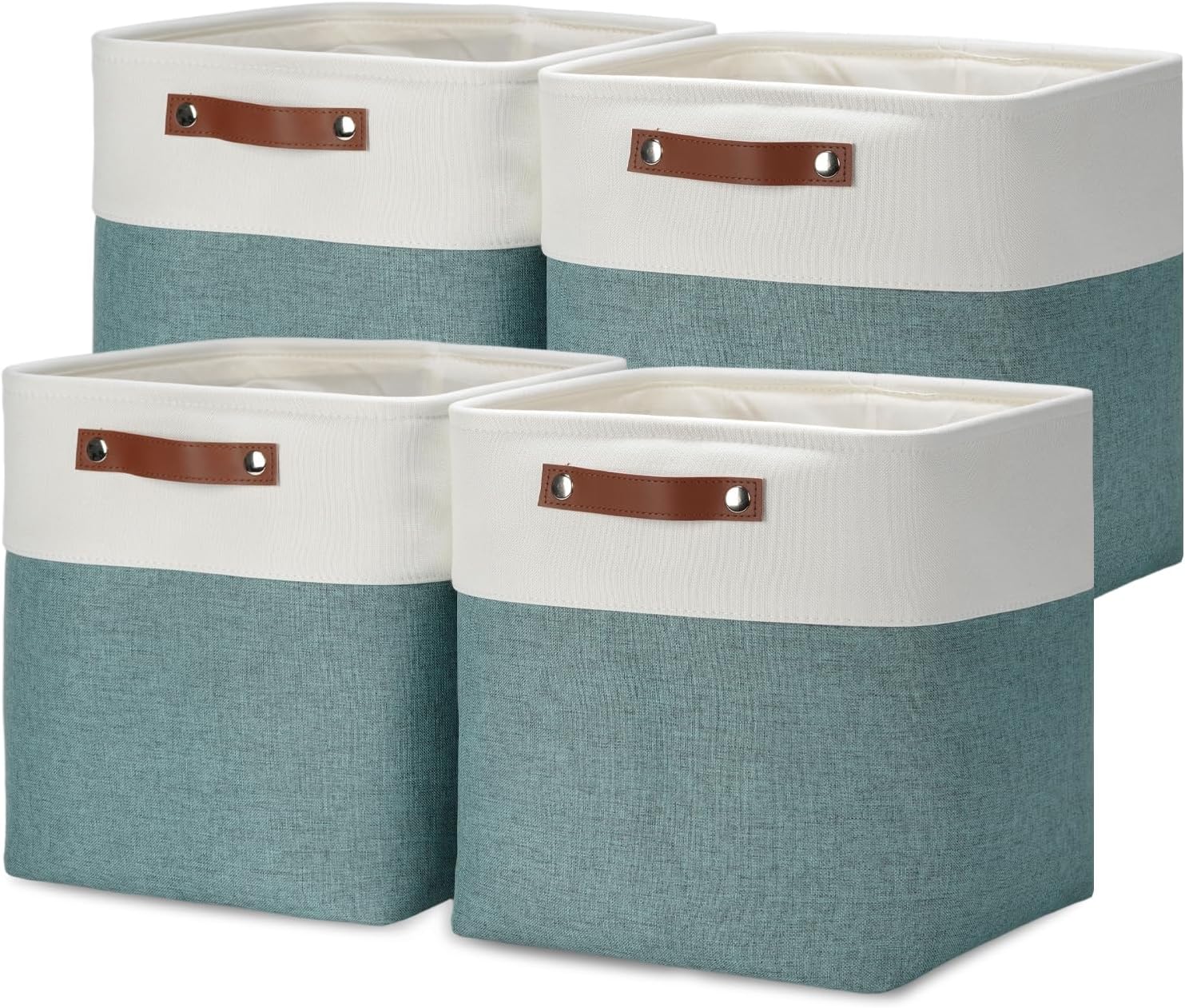 DULLEMELO Set Of 4 Cube Storage Bins, Fabric Storage Basket for Shelves Closet Nursery Toy Storage, 12 inch Fabric Storage Cubes Bins Canvas Organization Baskets (White&Deep Green)
