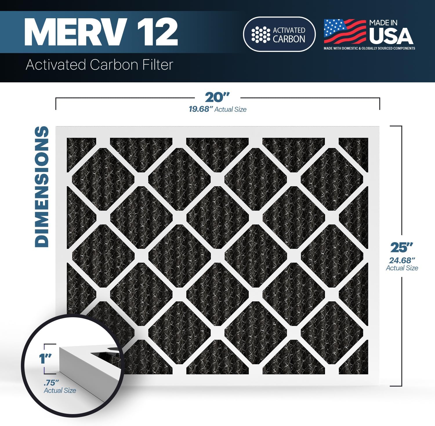 BNX TruFilter 20x25x1 MERV 12 Odor Defense (4-Pack) AC Furnace Air Filter with Activated Carbon - MADE IN USA - Pleated Air Conditioner HVAC AC Furnace Filters - Removes Odor, Mold, Bacteria, Smoke