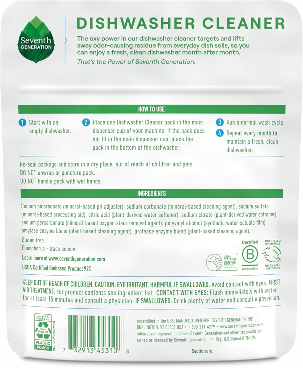 Seventh Generation Dishwasher Cleaning Packs 6 Count Free & Clear Removes odor-causing residue Powered by oxy power