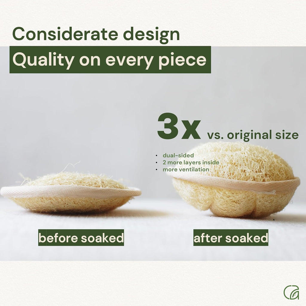 Chill Ah Green Glow All Natural Exfoliator Dual Sided Loofah Bath Sponge Set – 100% Plant-Based, dye-Free, Biodegradable, Scratch-Free, Handcrafted in Vietnam (2-Pack)