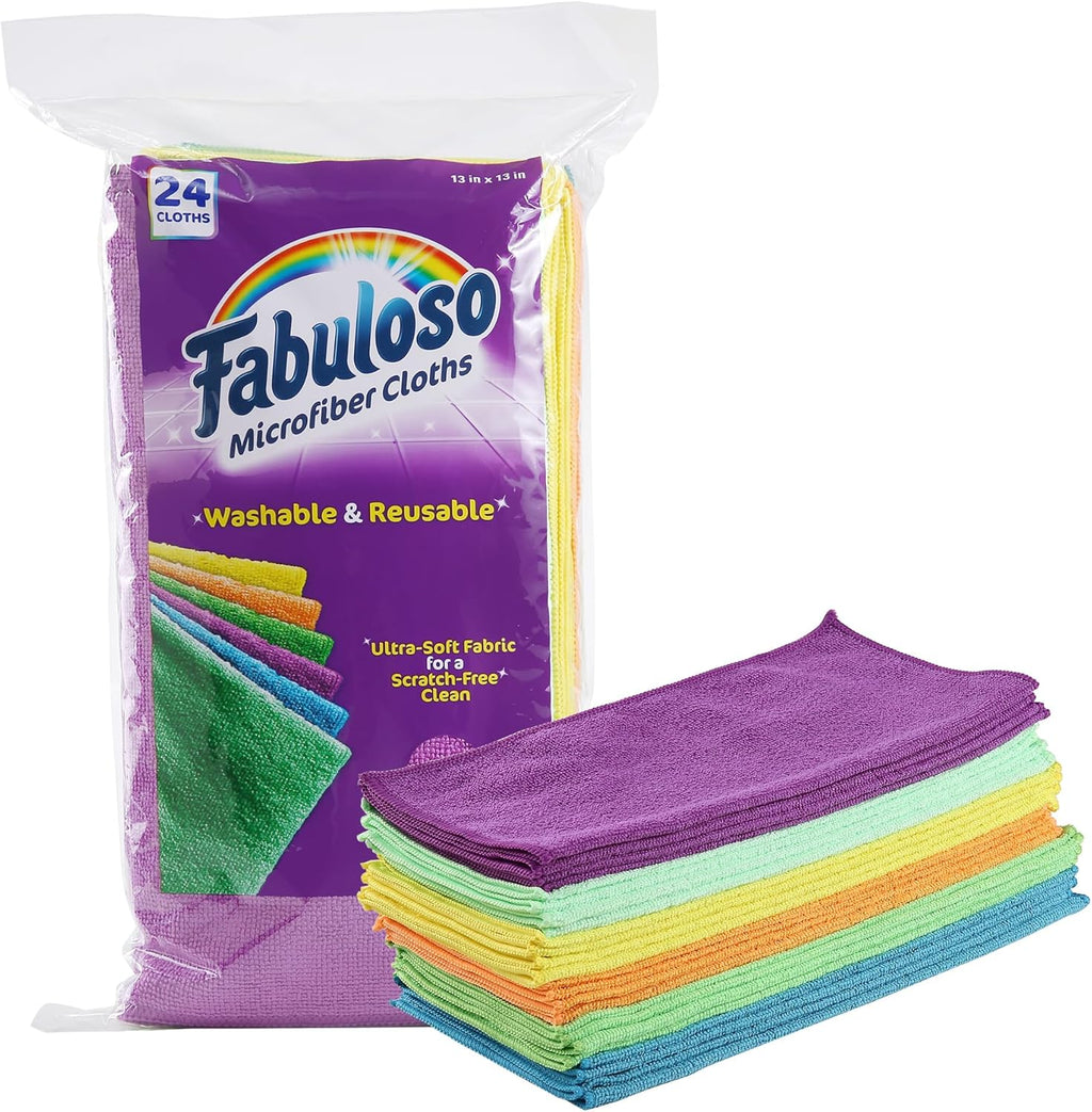 Fabuloso Microfiber Cleaning Cloths, Rainbow - Lint-Free, Scratch-Free Cleaning Cloths for Surfaces and Wood Furniture - Dustless Cloth for Bold and Bright Cleaning Experience, 24 Count