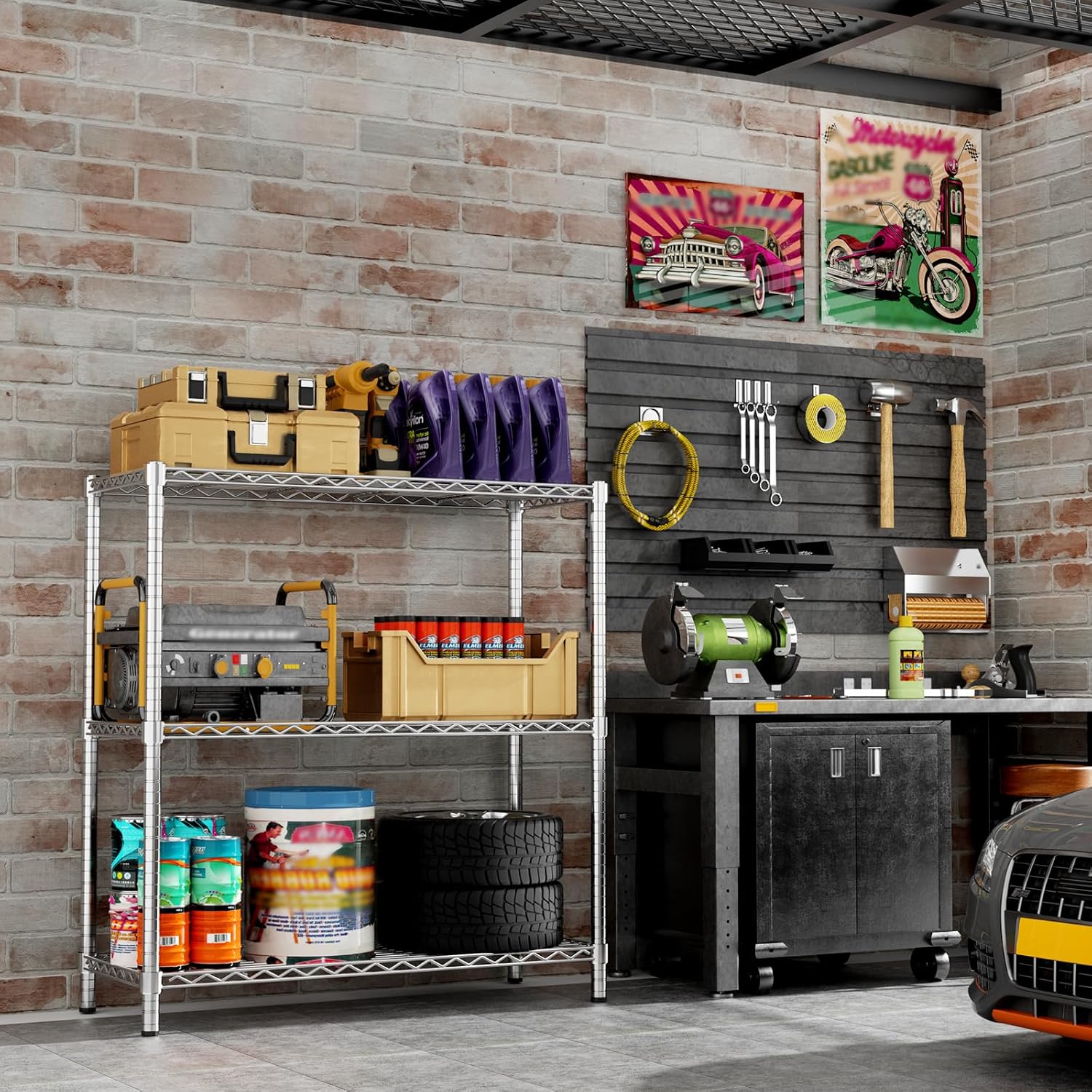 Storage Shelves, 36" L x 14" W x 36" H Heavy Duty Garage Wire Shelving Unit Loads 1050LBS, 3-Tier Adjustable Metal Industrial Utility Shelf Rack for Kitchen, Laundry Room, Basement