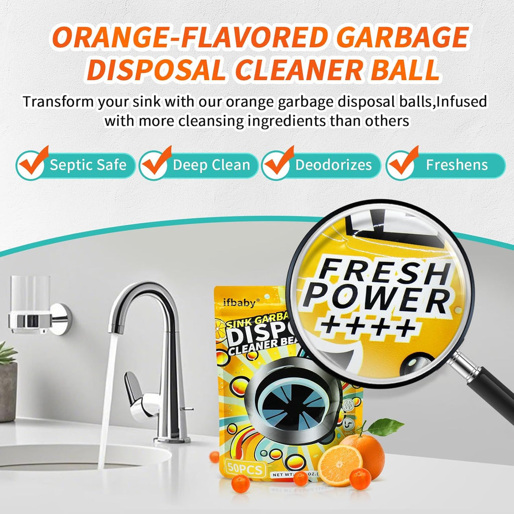 50 Count Garbage Disposal Cleaner and Deodorizer – Sink Odor Eliminator, New Powerful XL Sink Drain Freshener Pods | Dissolves Grease, Eliminates Odors, Orange Zest Scent (Orange)