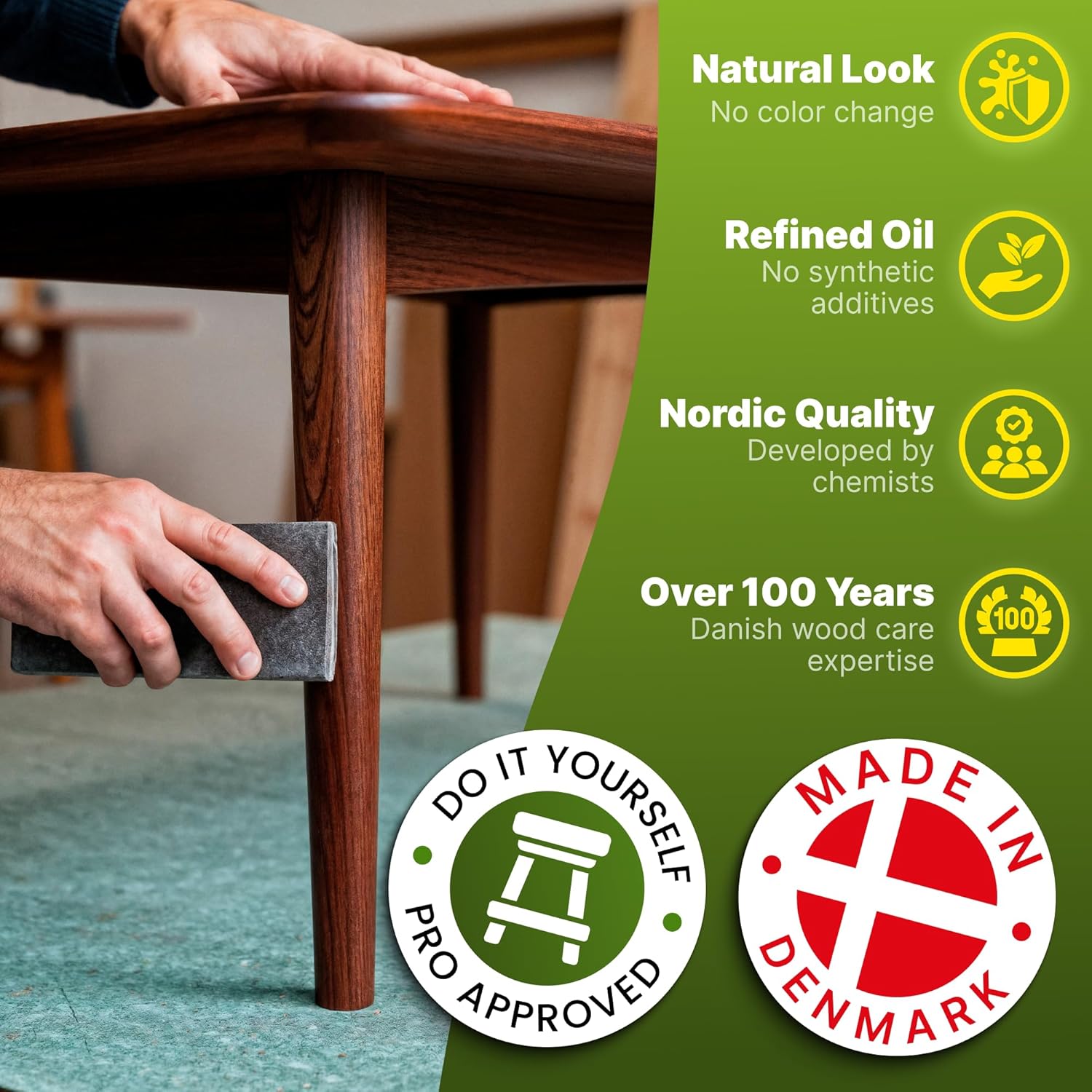 Nordicare Wood Oil Colorless - Premium Walnut Oil, Teak Oil, Wood Oil Furniture for Oak, Beech, Teak, Walnut, Pine, Larch - Natural Furniture Wood Oil - Made in Denmark - for Indoor Use (34 oz)