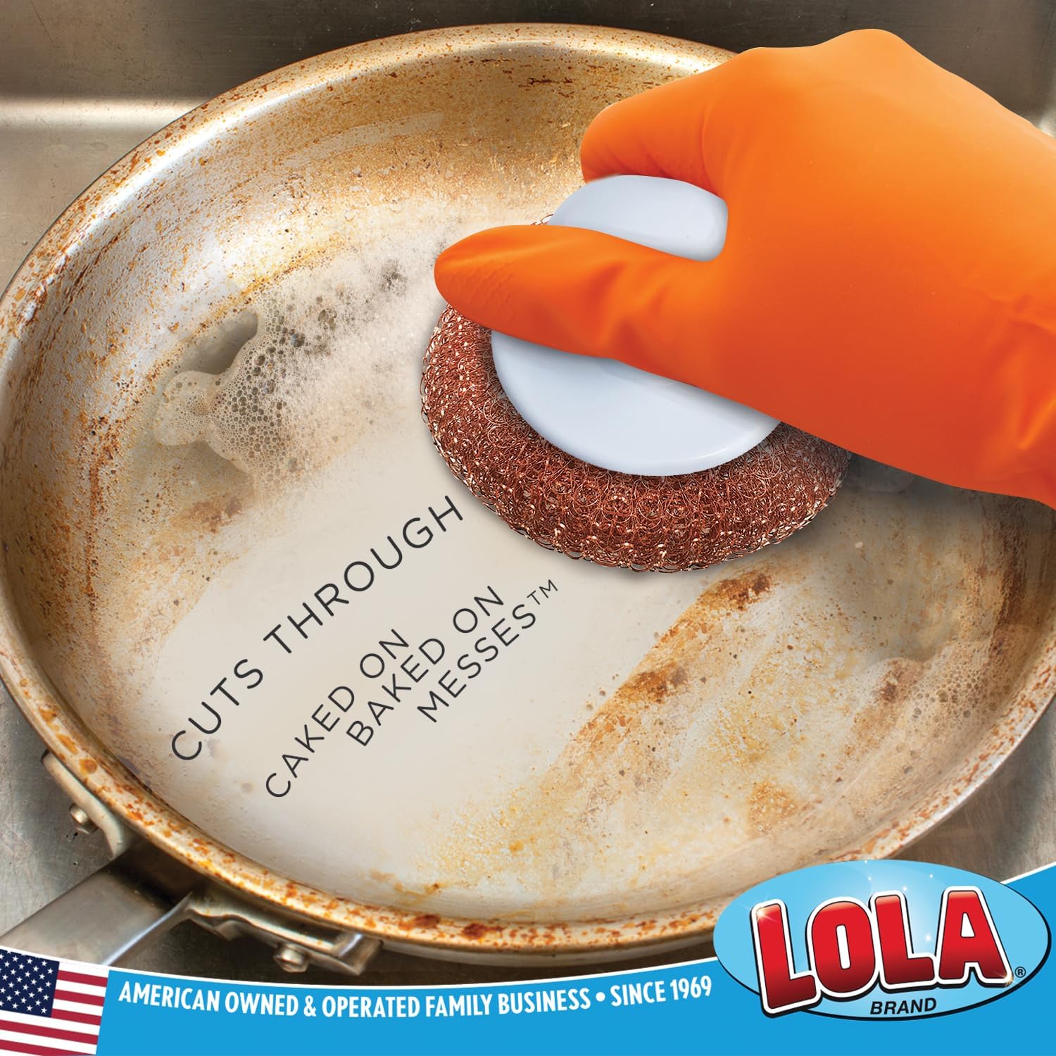 LOLA Copper Mesh Scouring Pad w/Comfort Knob, Heavy Duty Cleaning Pads, Knitted Wire Mesh, Cleans Caked-On & Baked-On Messes - 1 Pack
