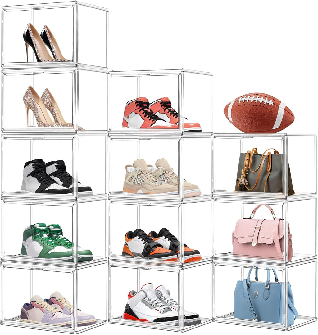 12 Pack Thicken Shoe Rack Organizer for Closet Acrylic Shoe Box with Magnetic Door Sneaker Display Case Handbag Purse Organizer, Fit up to US Size 14