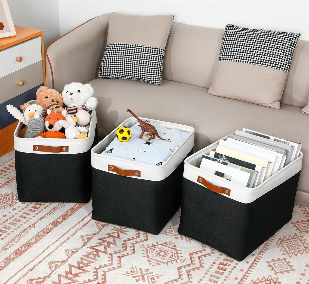 DULLEMELO Large Storage Baskets Fabric Storage Bins, Canvas Storage Basket for Shelf Toys, Decorative Large Storage Bins with Handle for Baby Gift(White&Black)
