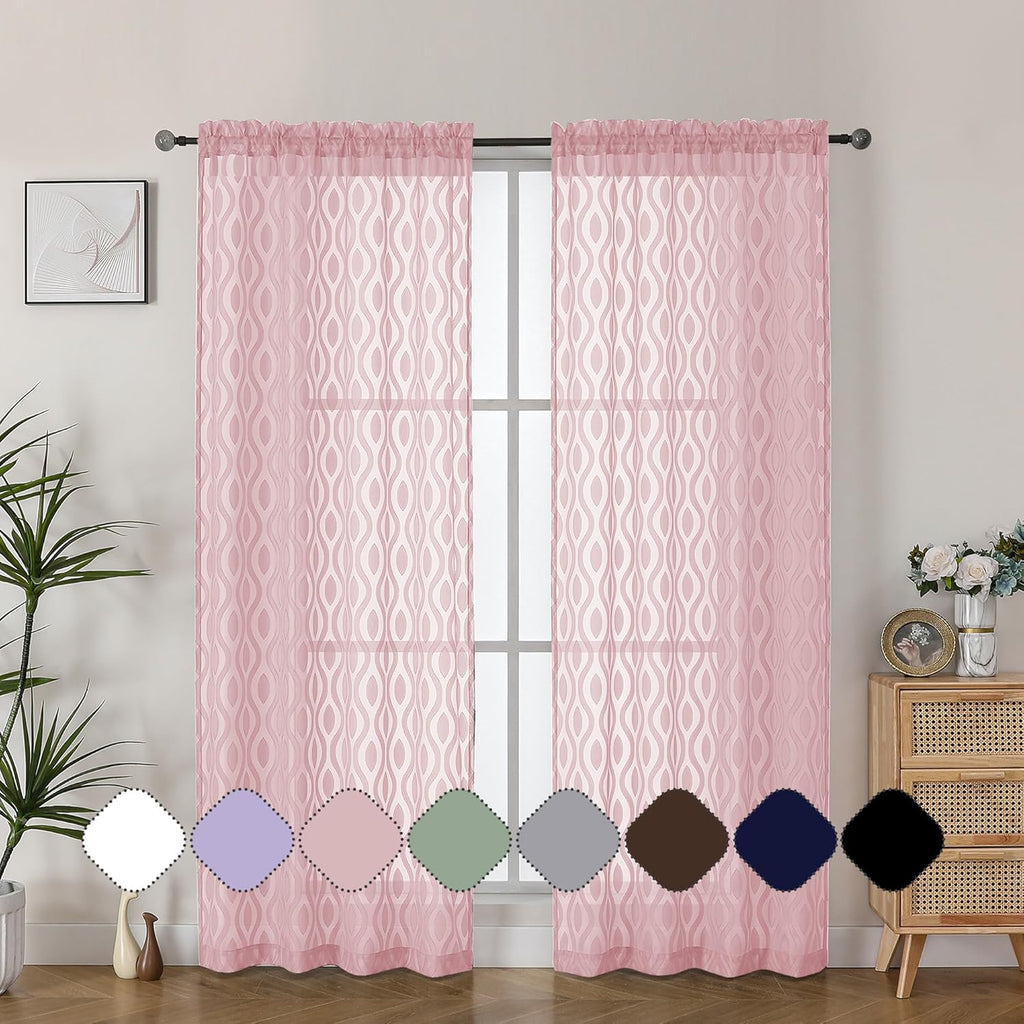 Aiyufeng Sheer Curtains 72 Inches Long for Living Room 2 Panels Set, Light Filtering Clip Jacquard Textured Sheer Bedroom Curtain, Chic Wavy Line Sliding Door Curtains, Blush Pink, 40" Wx72 L Inches