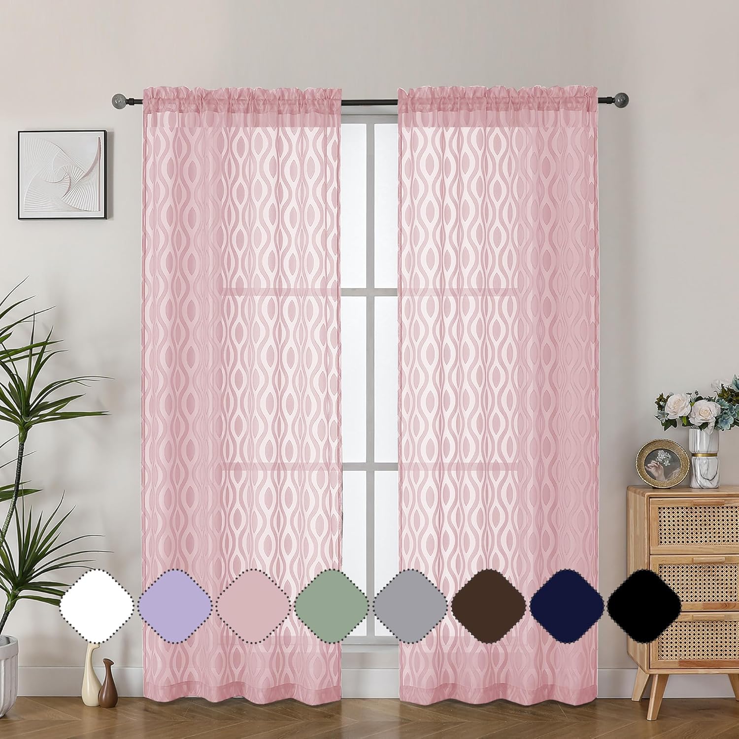 Aiyufeng Sheer Curtains 72 Inches Long for Living Room 2 Panels Set, Light Filtering Clip Jacquard Textured Sheer Bedroom Curtain, Chic Wavy Line Sliding Door Curtains, Blush Pink, 40" Wx72 L Inches