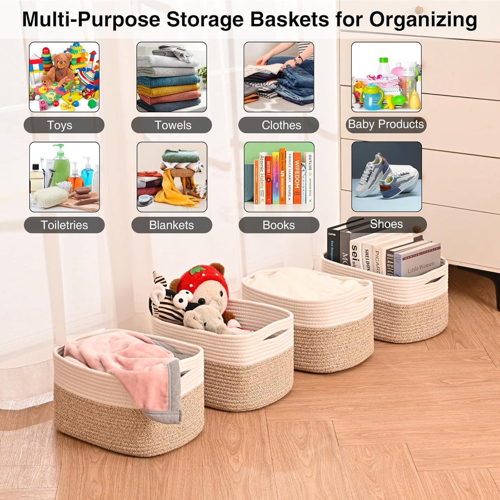 Small Storage Baskets for Organizing, Woven Storage Baskets for Shelves, Cotton Rope Basket for Storage, Cute Rectangular Book Toy Basket, 12.7"×9.1"×7.9", 4 Packs, Off White & Brown