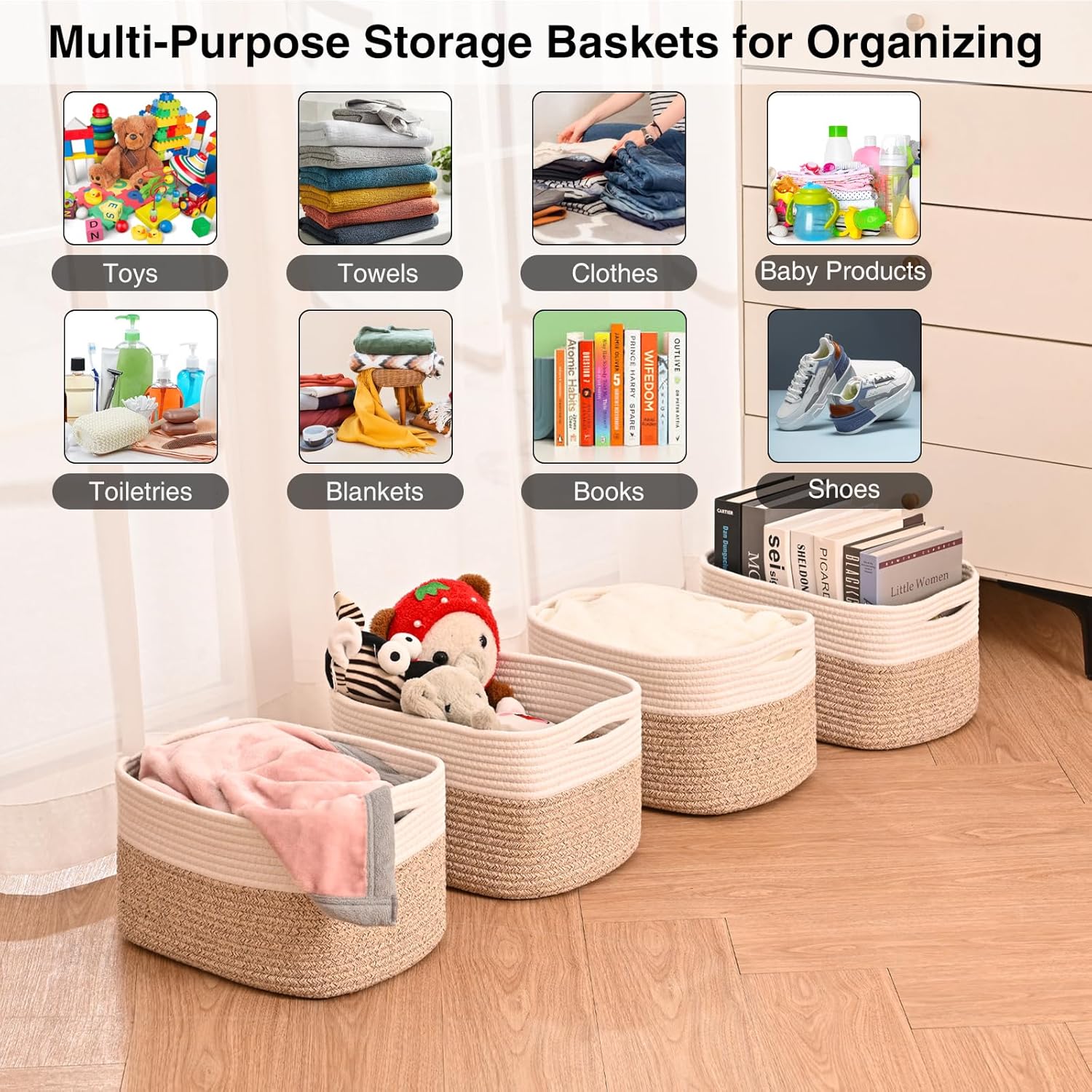 Small Storage Baskets for Organizing, Woven Storage Baskets for Shelves, Cotton Rope Basket for Storage, Cute Rectangular Book Toy Basket, 12.7"×9.1"×7.9", 4 Packs, Off White & Brown