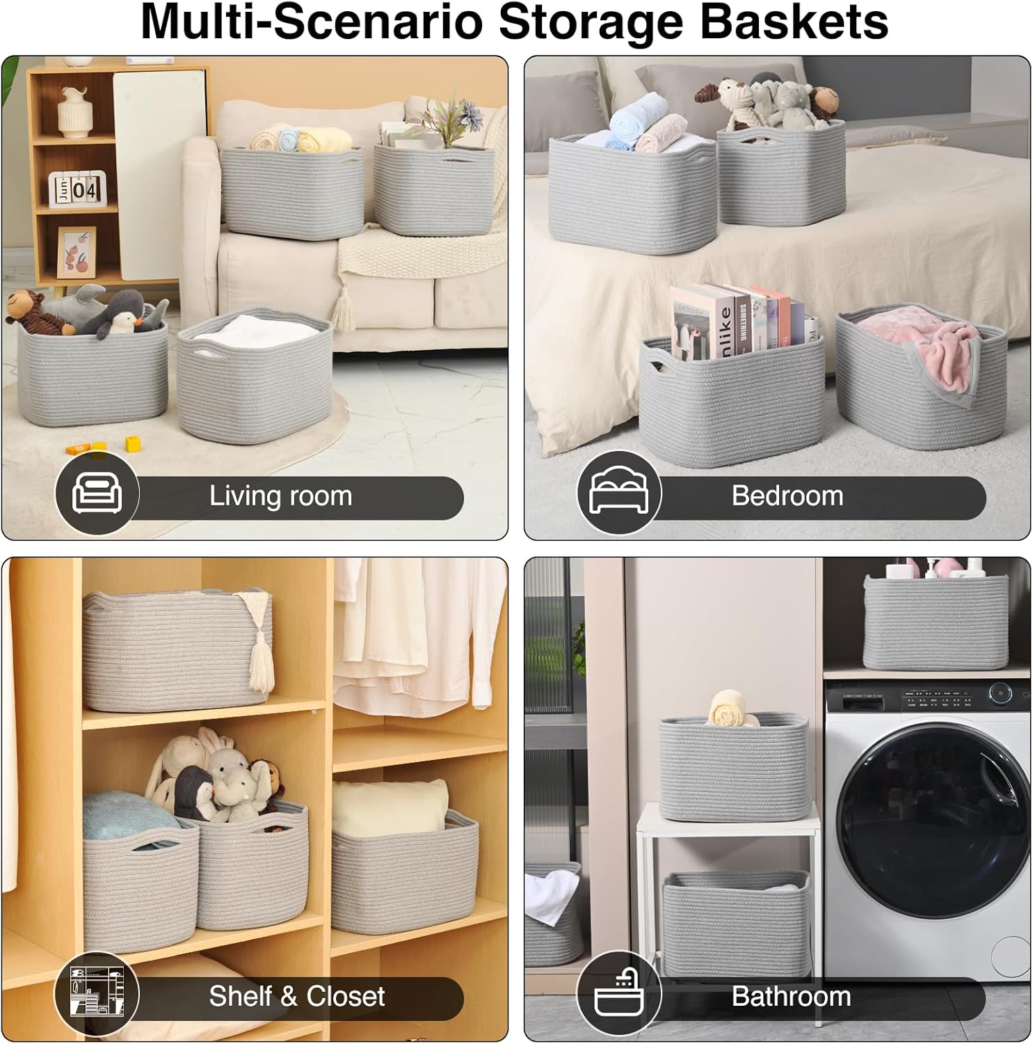 Storage Baskets for Organizing & Shelves, Woven Cotton Rope Organization Bins for Dog Toys, Clothes, Books, Nursery Organizer, 15" Lx11 Wx9.5 H, (4 Packs) Grey