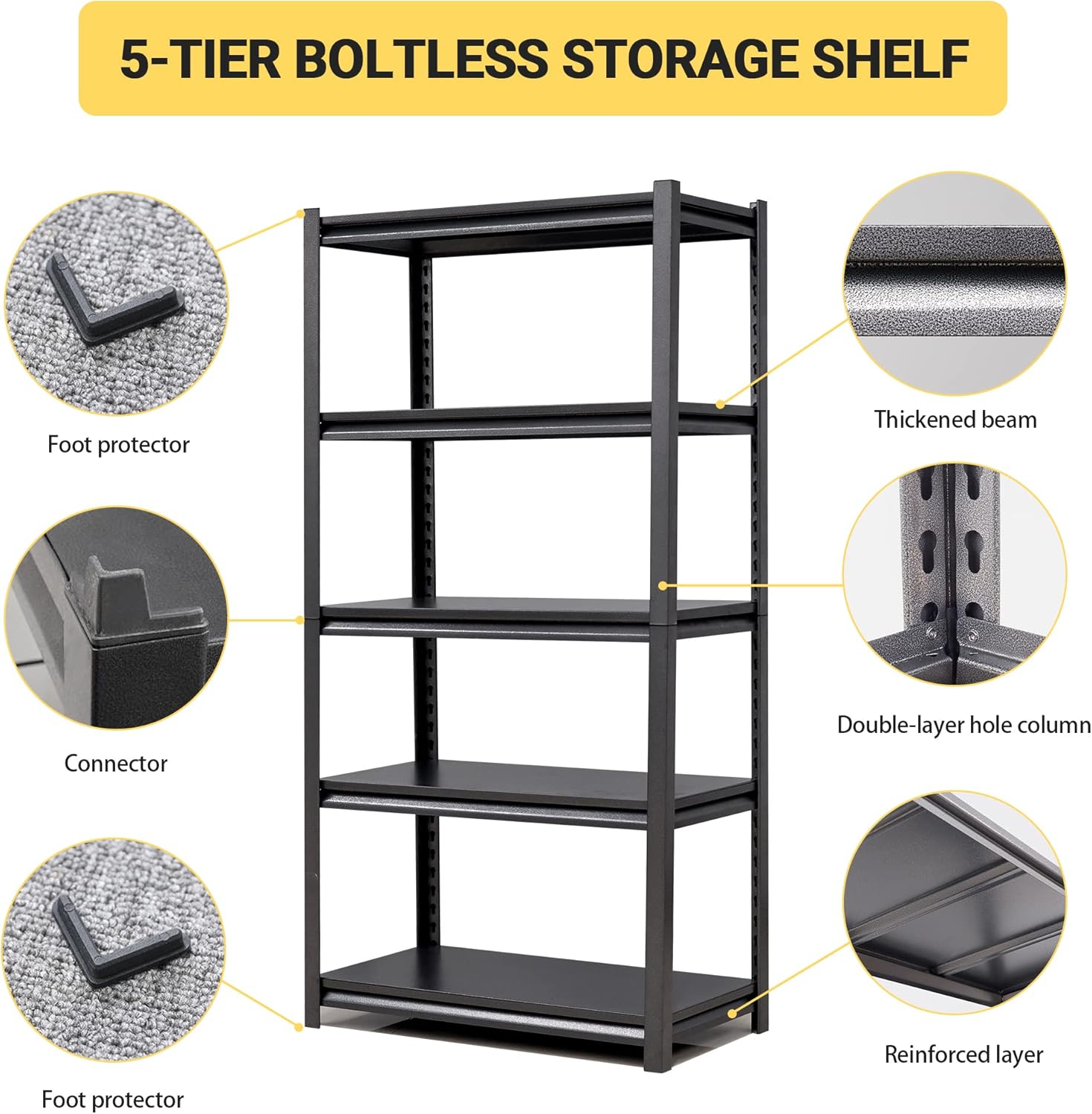 Heavy Duty Garage Shelving, Metal Storage Shelves, Adjustable 5 Tier Metal Shelving Unit, Industrial Utility Rack for Garage, Warehouse, Workshop, 12" D×27.5" W×60" H, Black