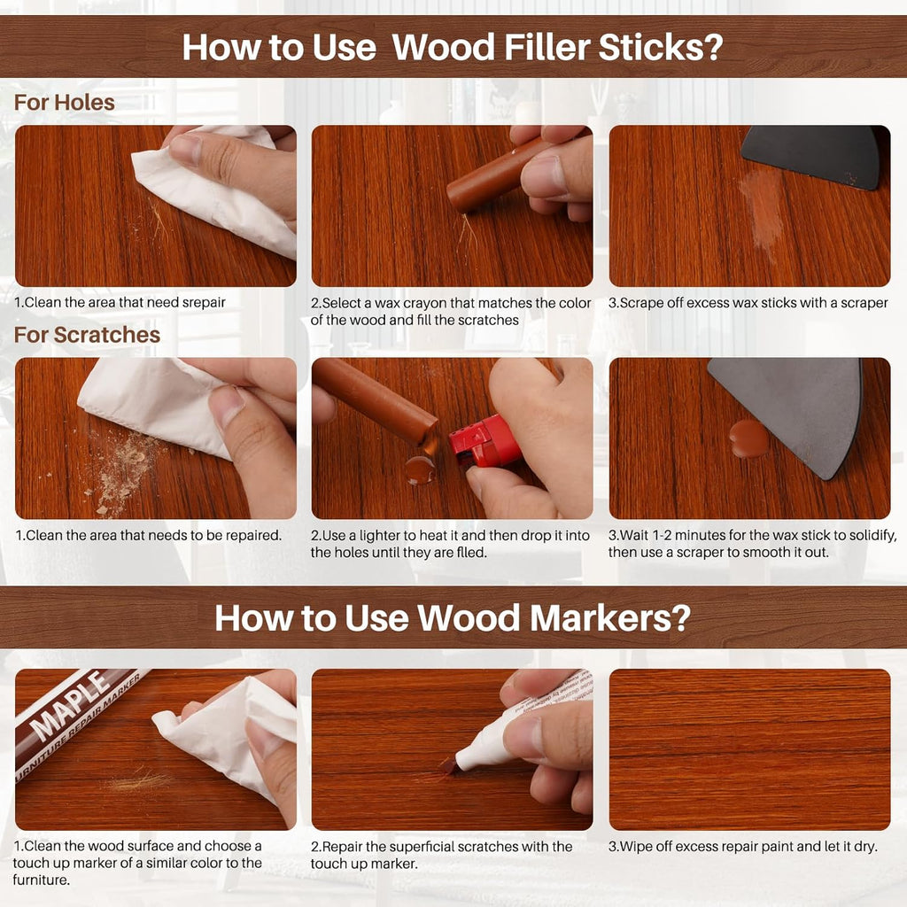 12 Colors Wood Filler Sticks Furniture Markers, Wood Floor Scratch Repair Kit for Repair Any Furniture Scratch, Scuffs, Cracks and Nail Holes on Wood Furniture, Floors, Doors, Cabinets, Tables