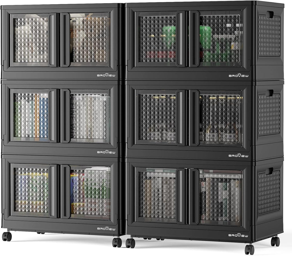BROVIEW 600 Qt Stackable Storage Bins with Lids & Doors, 6 Pack Plastic Closet Organizer and Storage Drawers with Wheels, Large Collapsible Storage Boxes, Cabinet for Home, Office, V10, Black