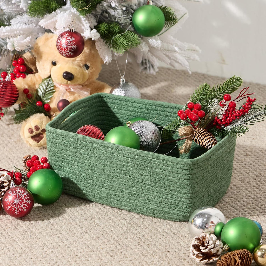 Small Storage Baskets for Organizing | Closet Organizer Bins | Shelf Toy Basket | Woven Rope Baskets | Cube Decorative Box | Shallow Basket | 13x8.5x5.1” | 4 Packs Green