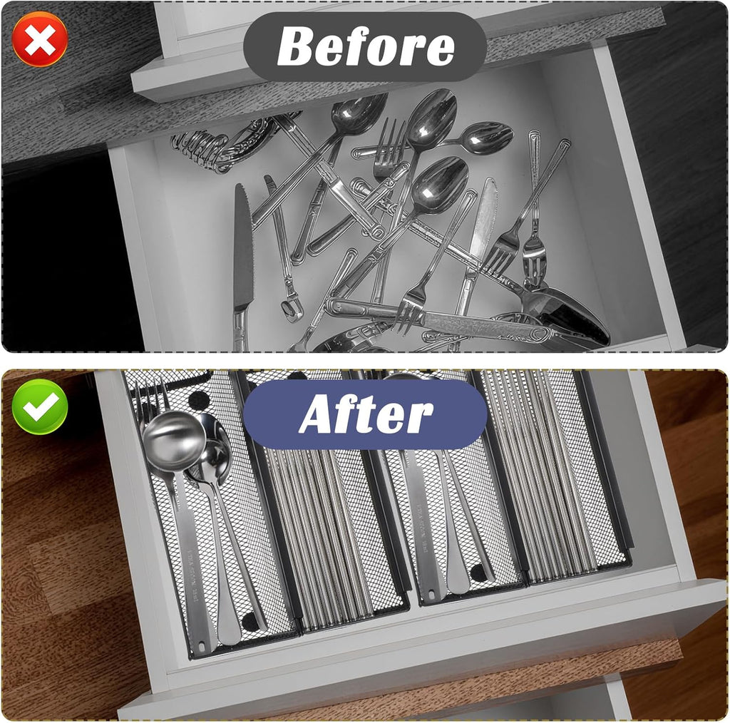 10 Pack Silverware Drawer Organizer 9 x 3 x 2 Inch Mesh Utensil Organizer for Kitchen Drawers with Interlocking Arm for Flatware Knives Spoons Fork Cosmetic Utensil Tabletop Storage Tray