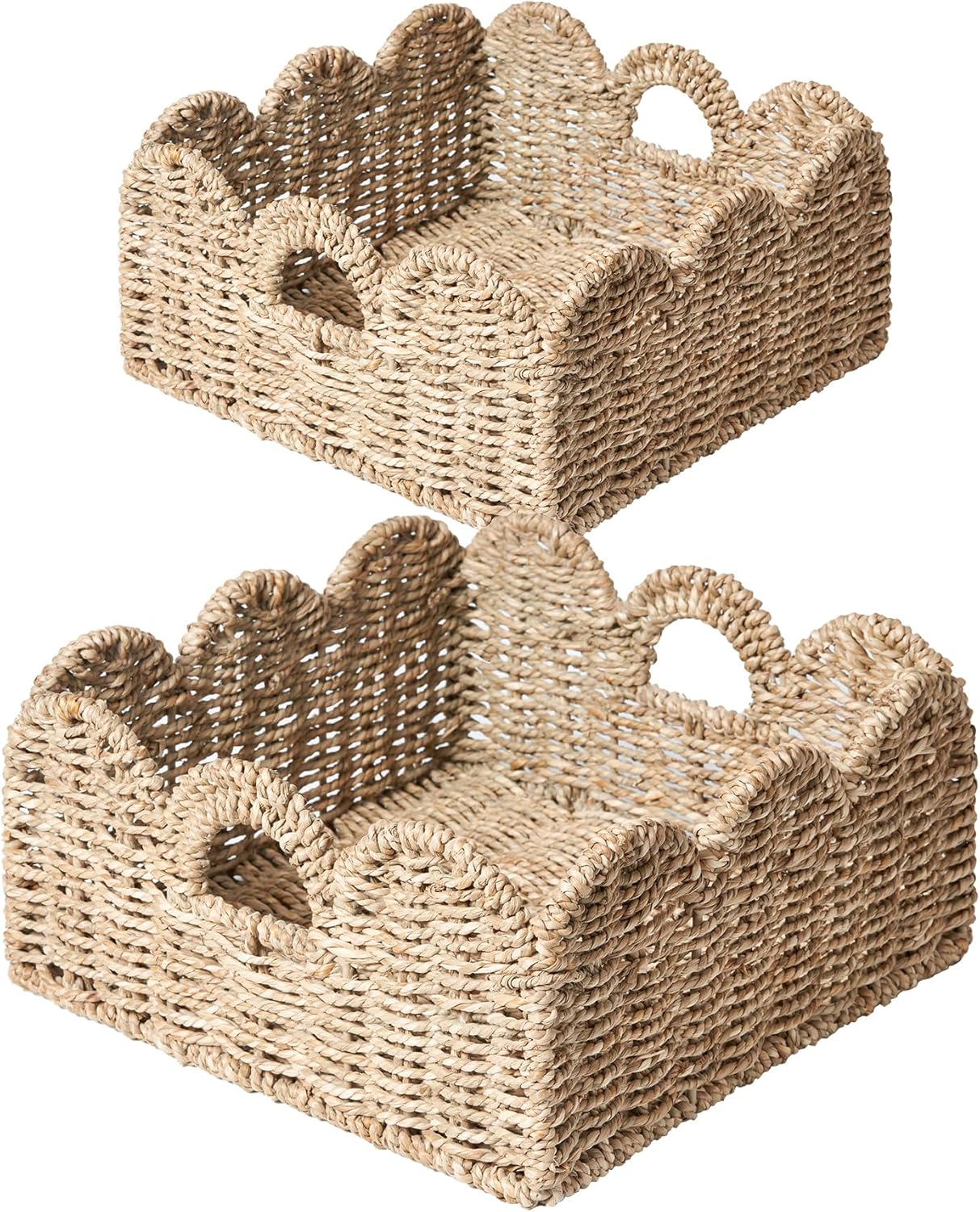 Scalloped Basket 2 Pack Wicker & Rattan Storage with Built-in Handles, Decorative Woven Seagrass Basket for Nursery & Bathroom Organization