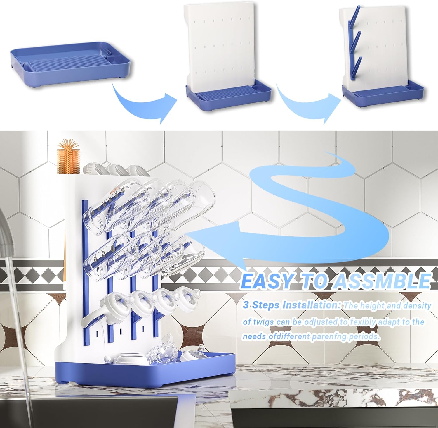 Baby Bottle Drying Rack: Vertical Space Saving Standing Bottle Organizer for Countertop – Holds Glass Baby Bottles, Utensils, Pump Parts, Brushes & Pacifiers, Kitchen – Premium Material (1, Blue)